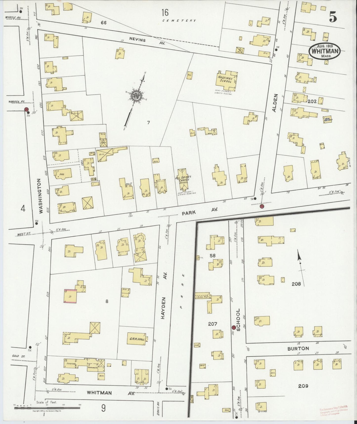Sanborn Fire Insurance Map from Whitman, Plymouth County, Massachusetts (1919), Sheet #0005 - Complete Map Set gallery image, historic Sanborn map, vintage wall art, Massachusetts Massachusetts