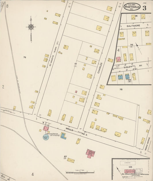 Sanborn Fire Insurance Map from Hyattsville, Prince Georges County, Maryland (1922), Sheet #0003 - Historic Sanborn Fire Insurance Map Print, vintage old map wall art