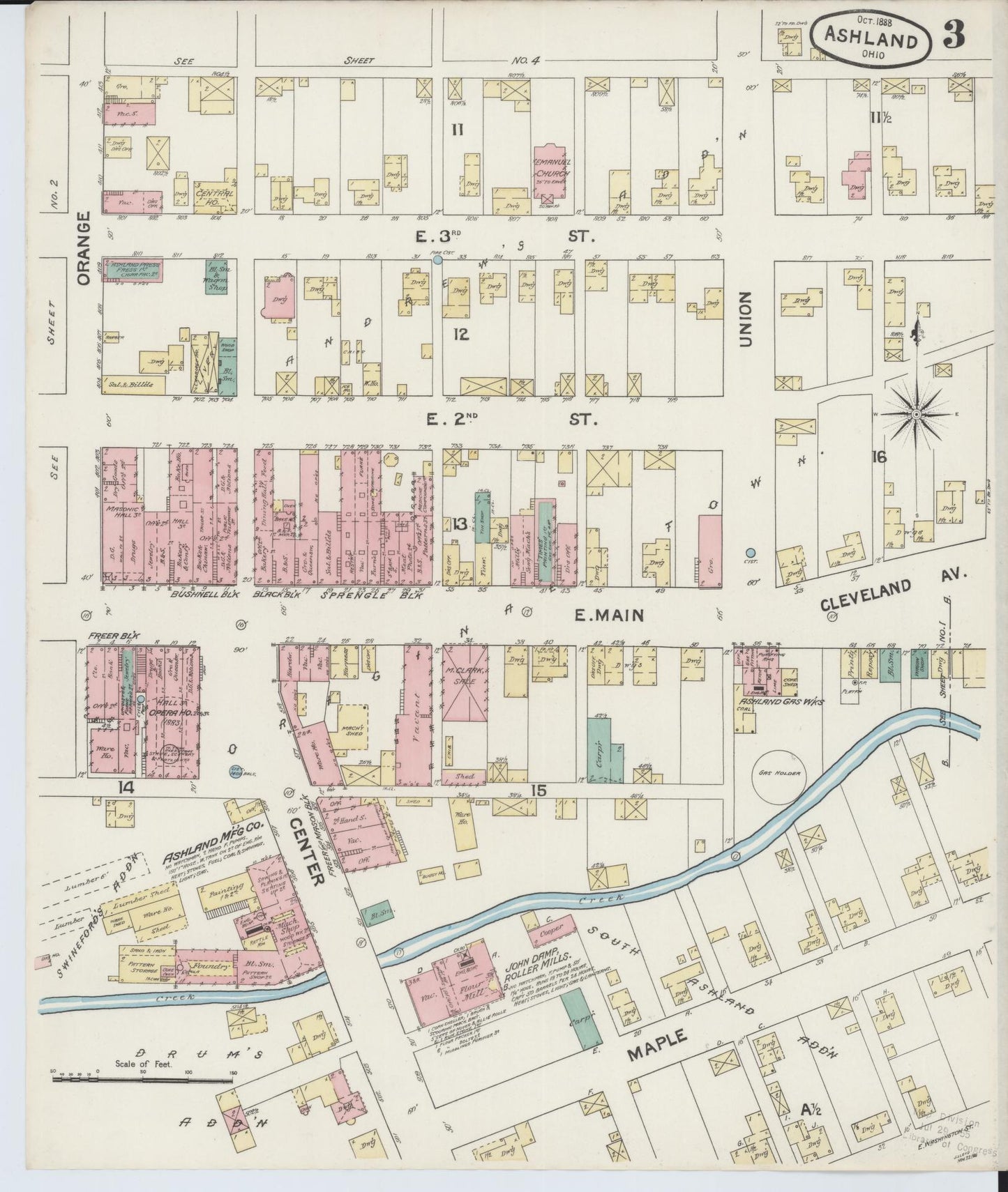 Sanborn Fire Insurance Map from Ashland, Ashland County, Ohio (1888), Sheet #0003 - Historic Sanborn Fire Insurance Map Print, vintage old map wall art, antique decor, genealogy gift, Ohio Ohio map