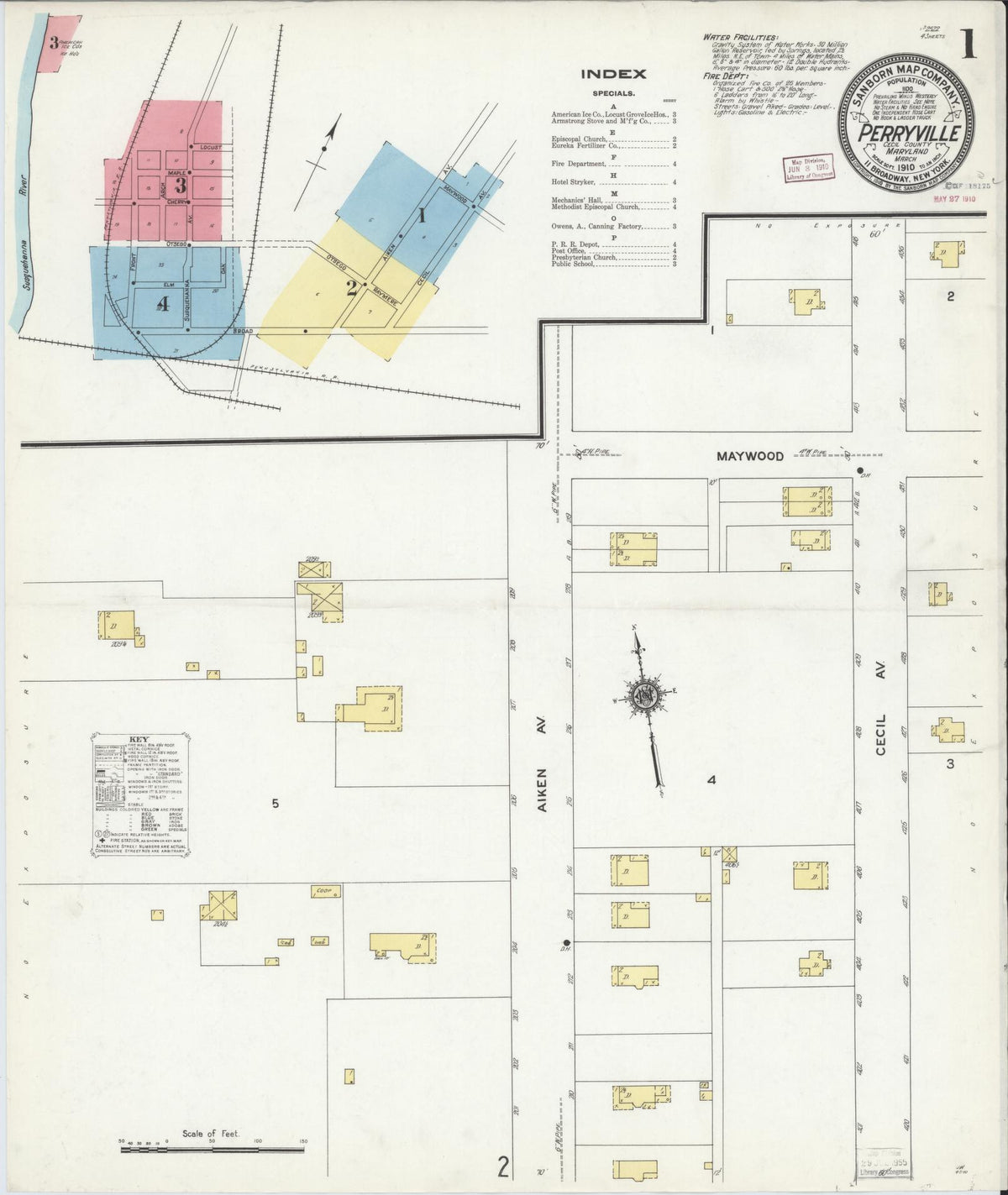 Sanborn Fire Insurance Map from Perryville, Cecil County, Maryland (1910), Sheet #0001 - Historic Sanborn Fire Insurance Map Print, vintage old map wall art, antique decor, genealogy gift, Maryland Maryland map