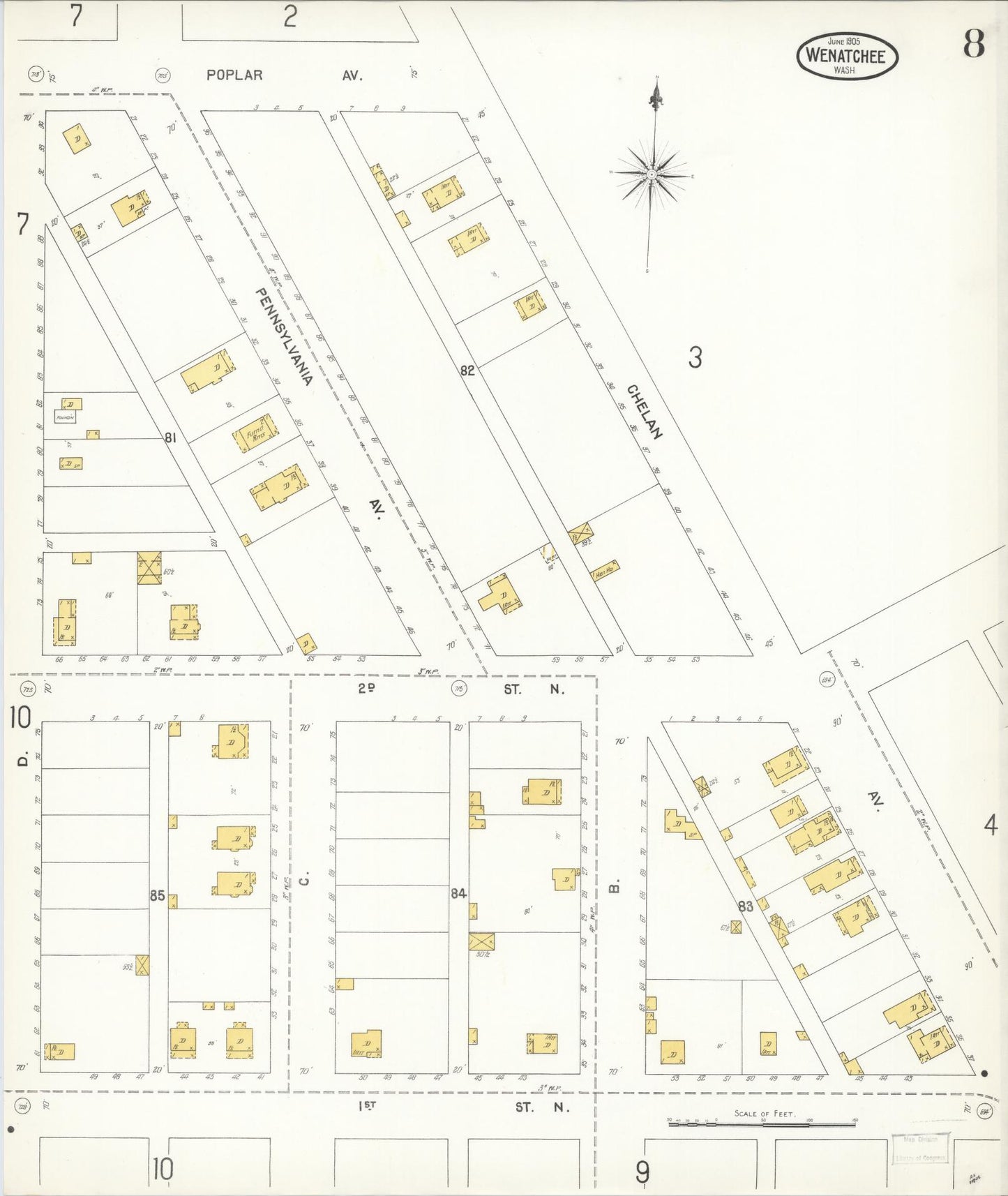 Sanborn Fire Insurance Map from Wenatchee, Chelan County, Washington (1905), Sheet #0008 - Complete Map Set gallery image, historic Sanborn map, vintage wall art, Washington Washington