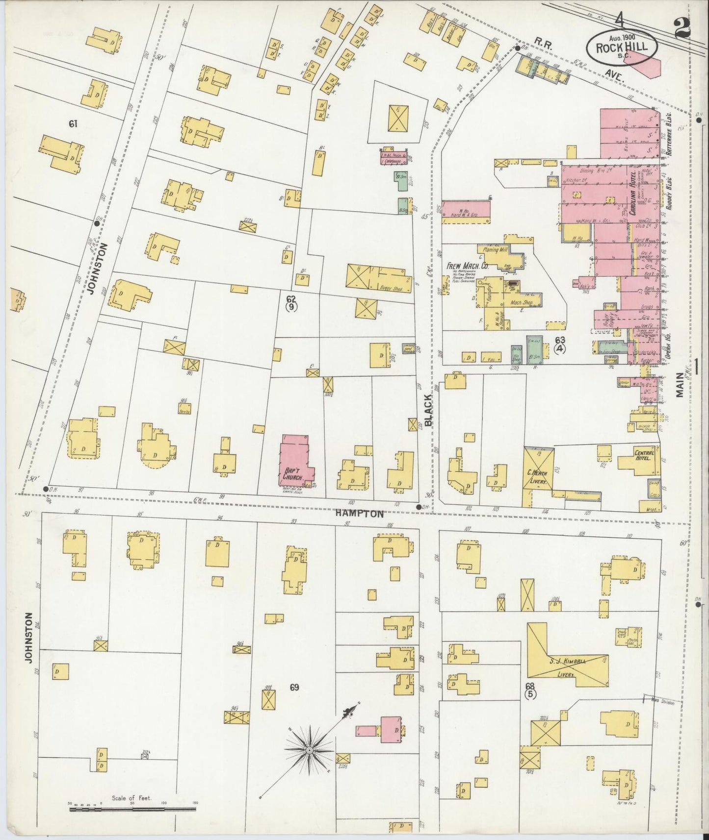 Sanborn Fire Insurance Map from Rock Hill, York County, South Carolina (1900), Sheet #0002 - Complete Map Set gallery image, historic Sanborn map, vintage wall art, South Carolina South Carolina