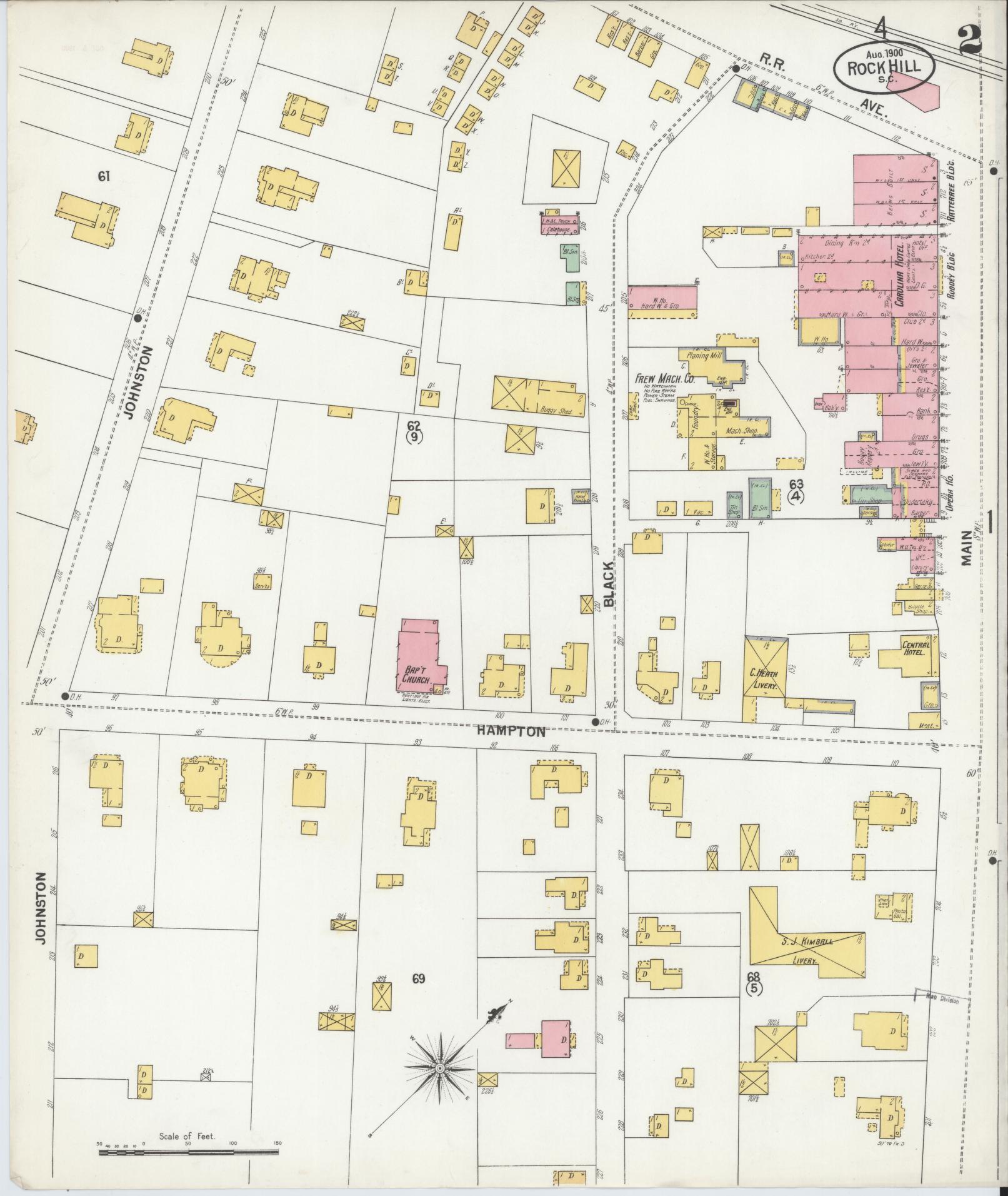 Sanborn Fire Insurance Map from Rock Hill, York County, South Carolina (1900), Sheet #0002 - Complete Map Set gallery image, historic Sanborn map, vintage wall art, South Carolina South Carolina