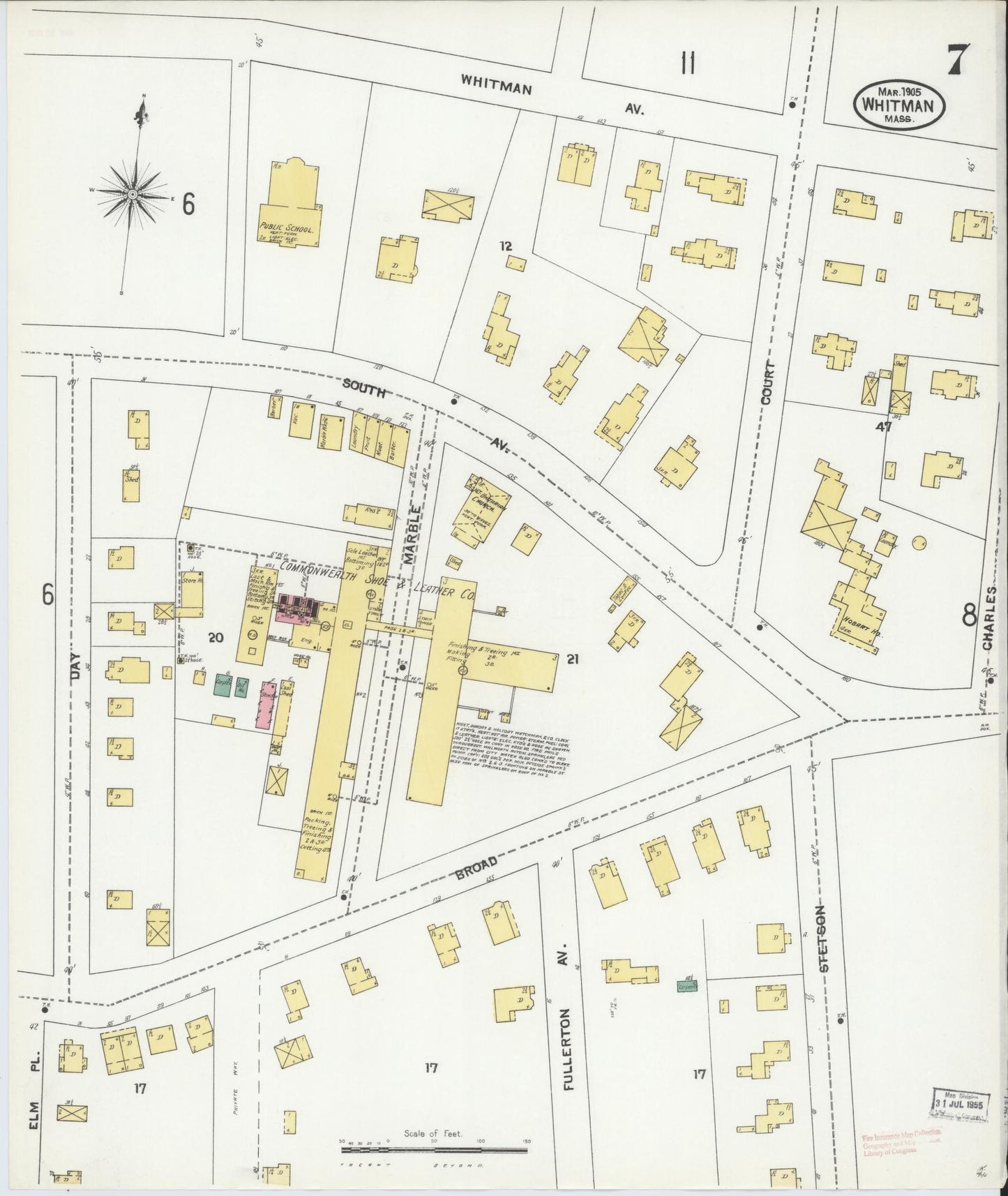 Sanborn Fire Insurance Map from Whitman, Plymouth County, Massachusetts (1905), Sheet #0007 - Historic Sanborn Fire Insurance Map Print, vintage old map wall art, antique decor, genealogy gift, Massachusetts Massachusetts map