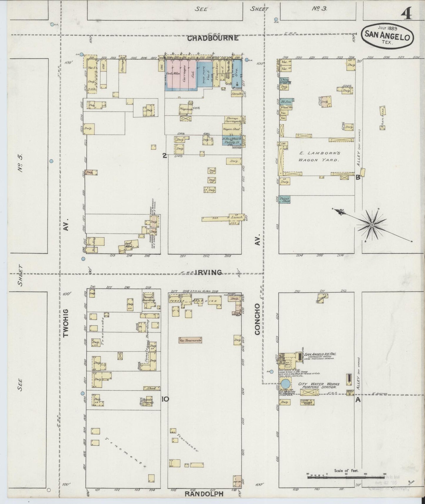 Sanborn Fire Insurance Map from San Angelo, Tom Green County, Texas (1889), Sheet #0004 - Historic Sanborn Fire Insurance Map Print, vintage old map wall art, antique decor, genealogy gift, Texas Texas map