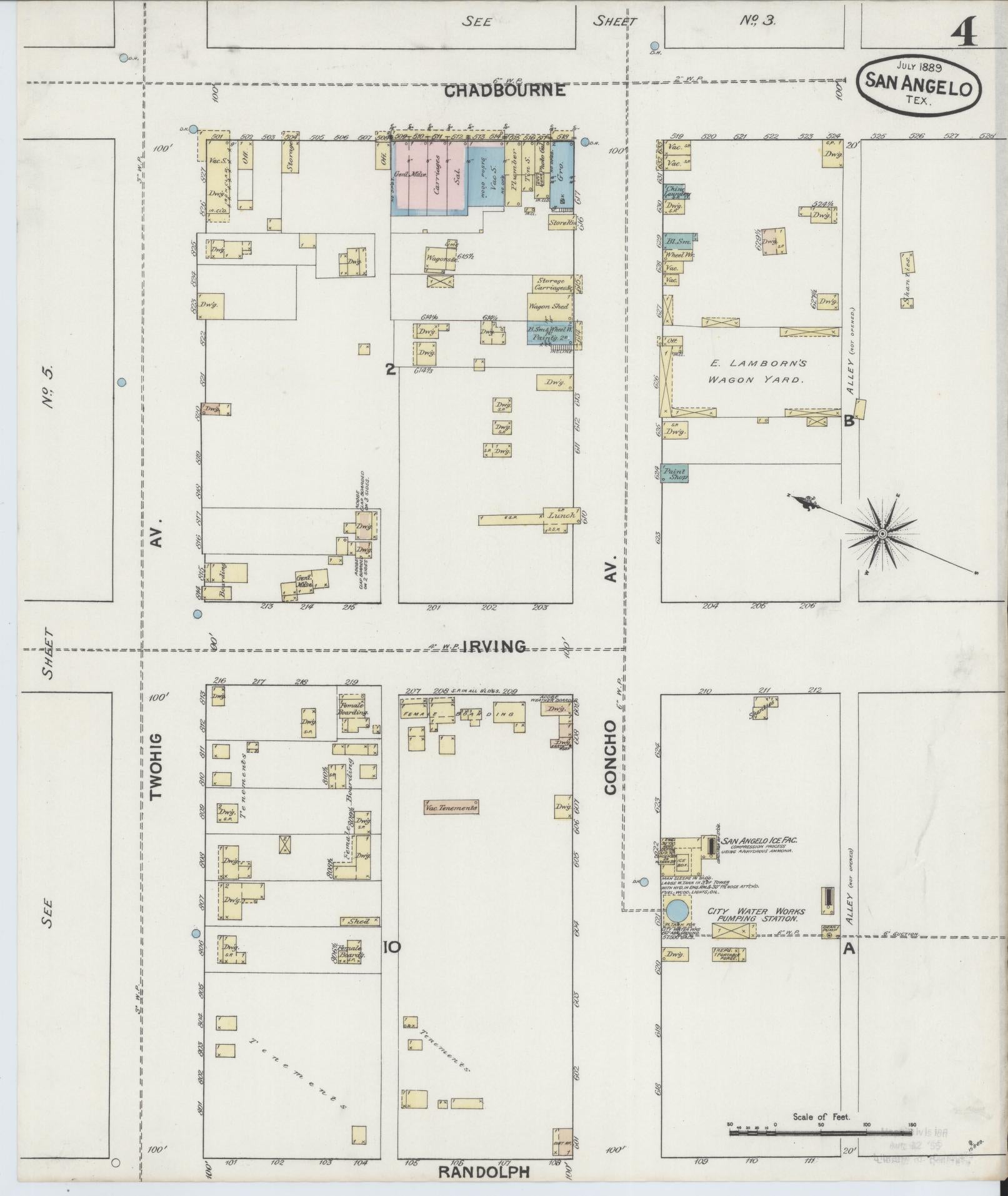 Sanborn Fire Insurance Map from San Angelo, Tom Green County, Texas (1889), Sheet #0004 - Historic Sanborn Fire Insurance Map Print, vintage old map wall art, antique decor, genealogy gift, Texas Texas map