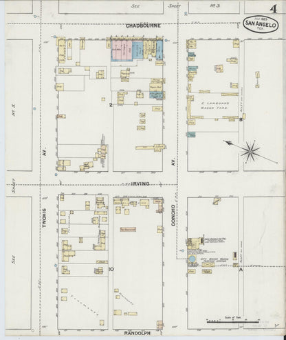 Sanborn Fire Insurance Map from San Angelo, Tom Green County, Texas (1889), Sheet #0004 - Historic Sanborn Fire Insurance Map Print, vintage old map wall art, antique decor, genealogy gift, Texas Texas map