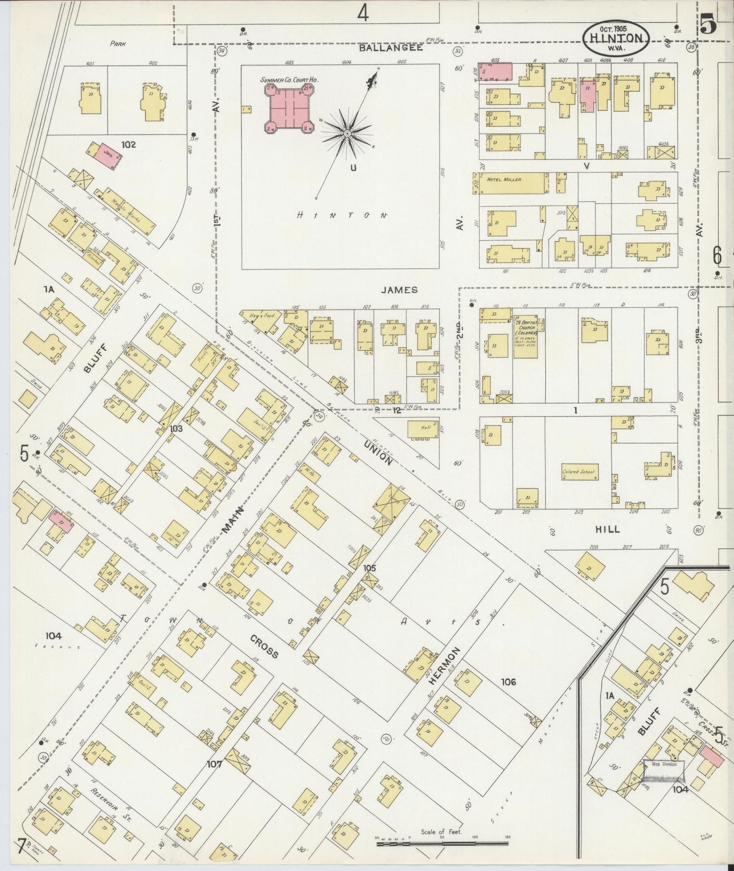 Sanborn Fire Insurance Map from Hinton, Summer County, West Virginia (1905), Sheet #0005 - Complete Map Set gallery image, historic Sanborn map, vintage wall art, West Virginia West Virginia