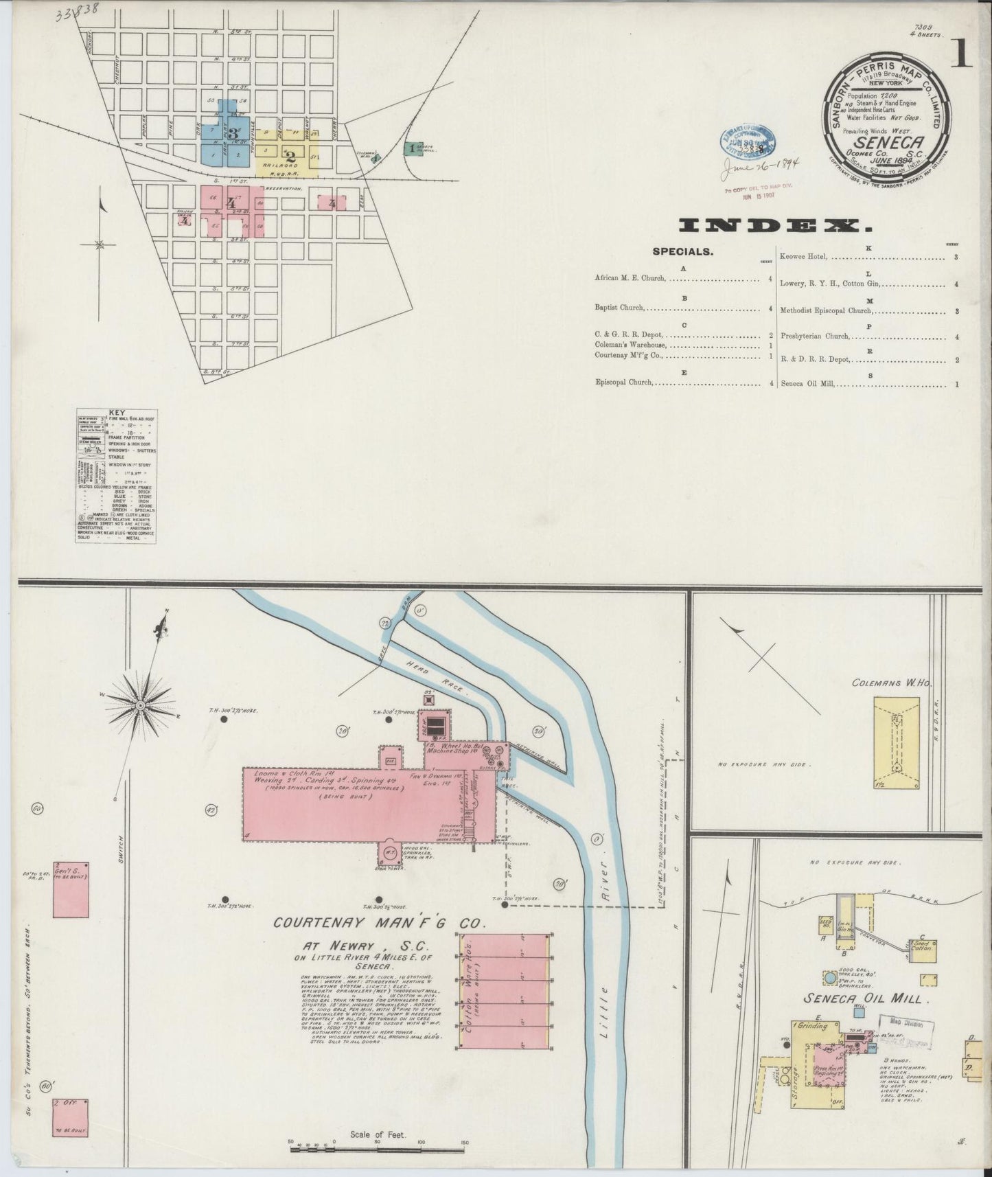 Sanborn Fire Insurance Map from Seneca, Oconee County, South Carolina (1894), Sheet #0001 - Complete Map Set gallery image, historic Sanborn map, vintage wall art, South Carolina South Carolina