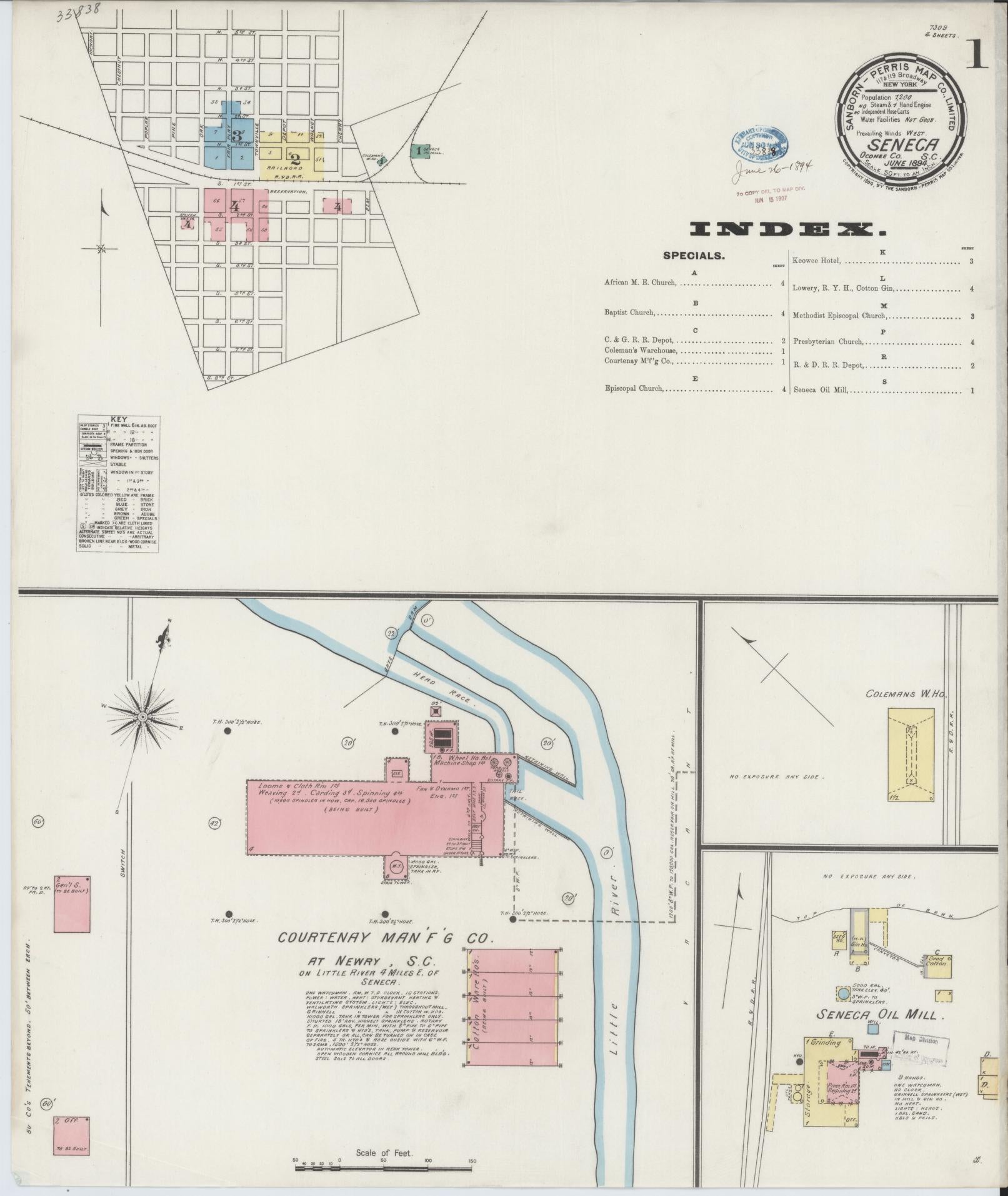 Sanborn Fire Insurance Map from Seneca, Oconee County, South Carolina (1894), Sheet #0001 - Complete Map Set gallery image, historic Sanborn map, vintage wall art, South Carolina South Carolina