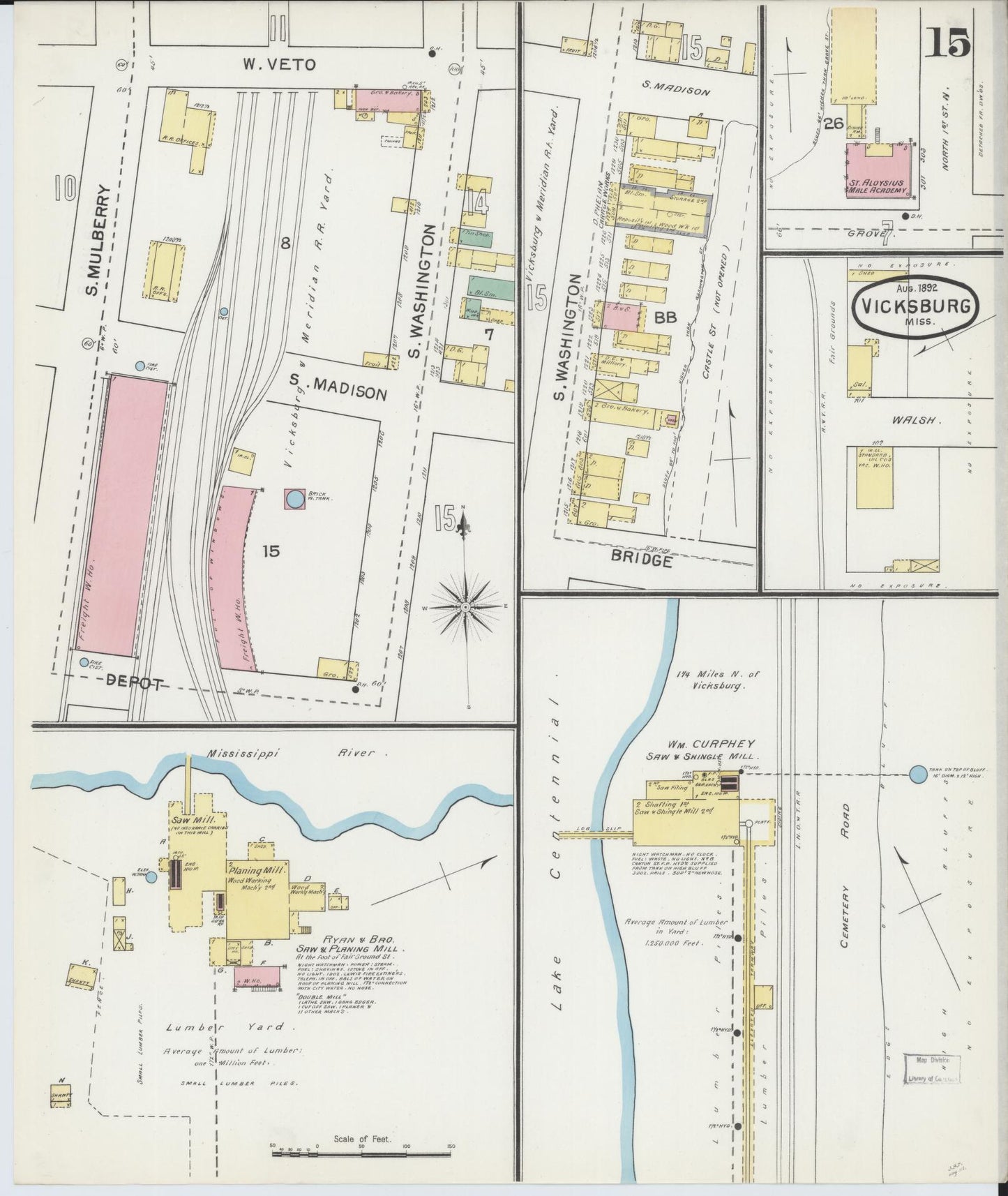 Sanborn Fire Insurance Map from Vicksburg, Warren County, Mississippi (1892), Sheet #0015 - Complete Map Set gallery image, historic Sanborn map, vintage wall art, Mississippi Mississippi