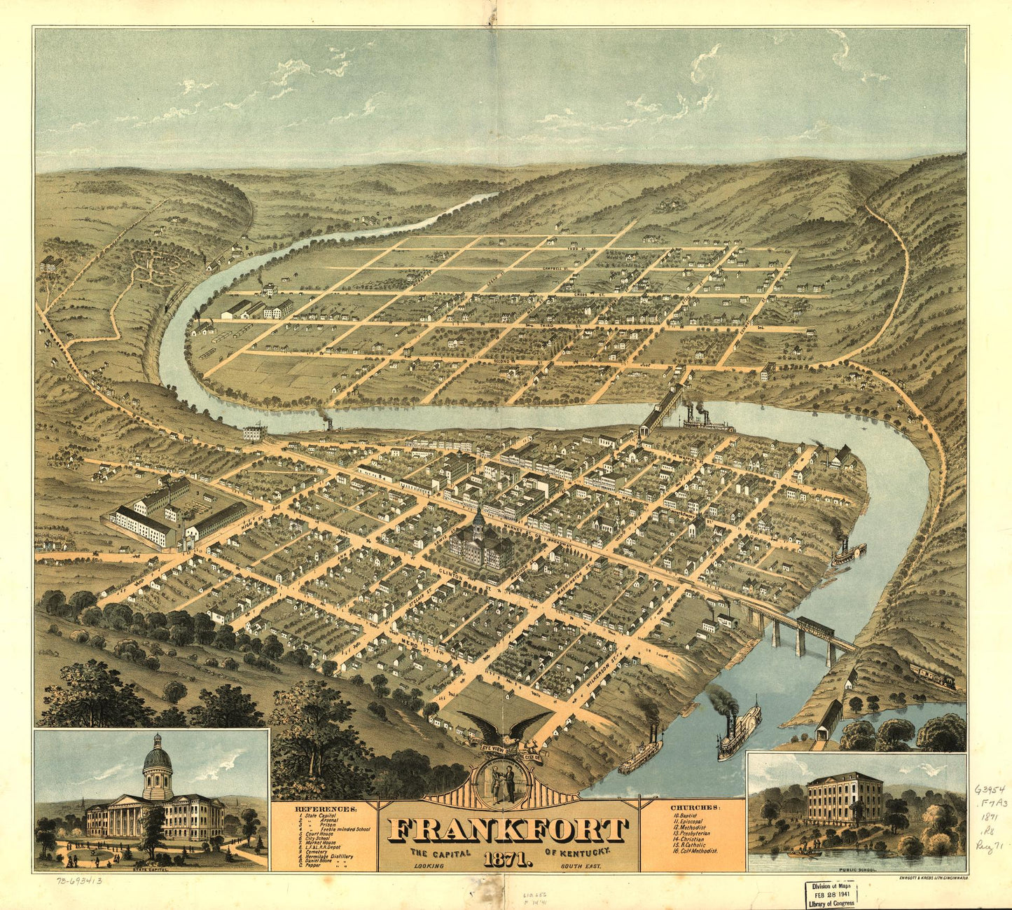 Bird's eye view of the city of Frankfort, the capital of Kentucky 1871. (1871) – Historic Bird’s-Eye View Panorama Print