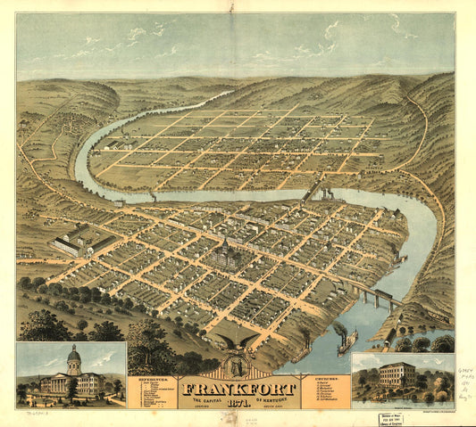 Bird's eye view of the city of Frankfort, the capital of Kentucky 1871. (1871) – Historic Bird’s-Eye View Panorama Print