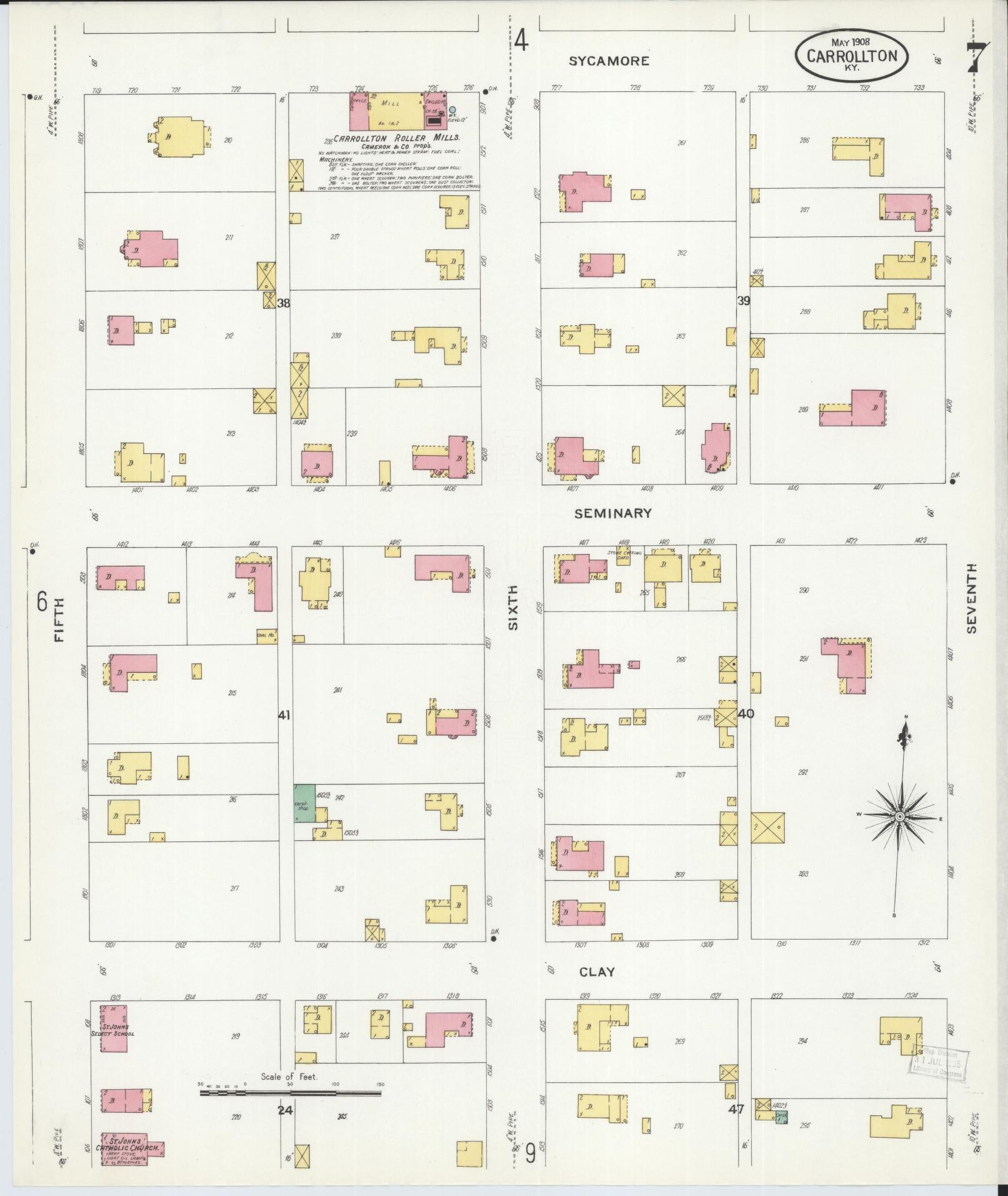 Sanborn Fire Insurance Map from Carrollton, Carroll County, Kentucky (1908), Sheet #0007 - Complete Map Set gallery image, historic Sanborn map, vintage wall art, Kentucky Kentucky