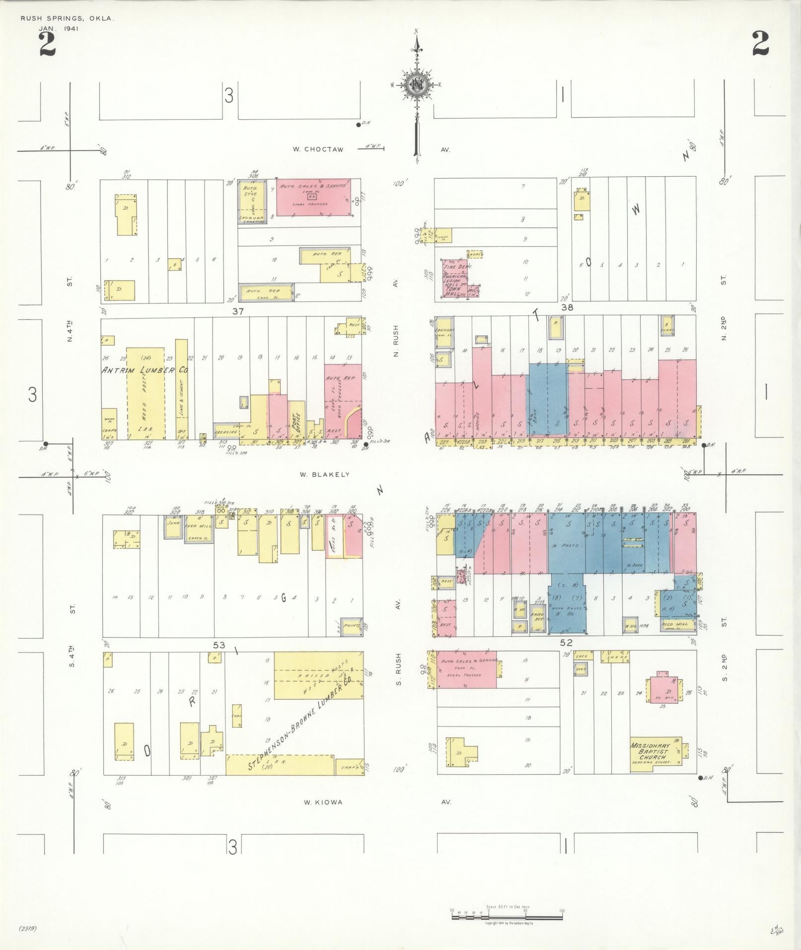 Sanborn Fire Insurance Map from Rush Springs, Grady County, Oklahoma (1941), Sheet #0002 - Complete Map Set gallery image, historic Sanborn map, vintage wall art, Oklahoma Oklahoma