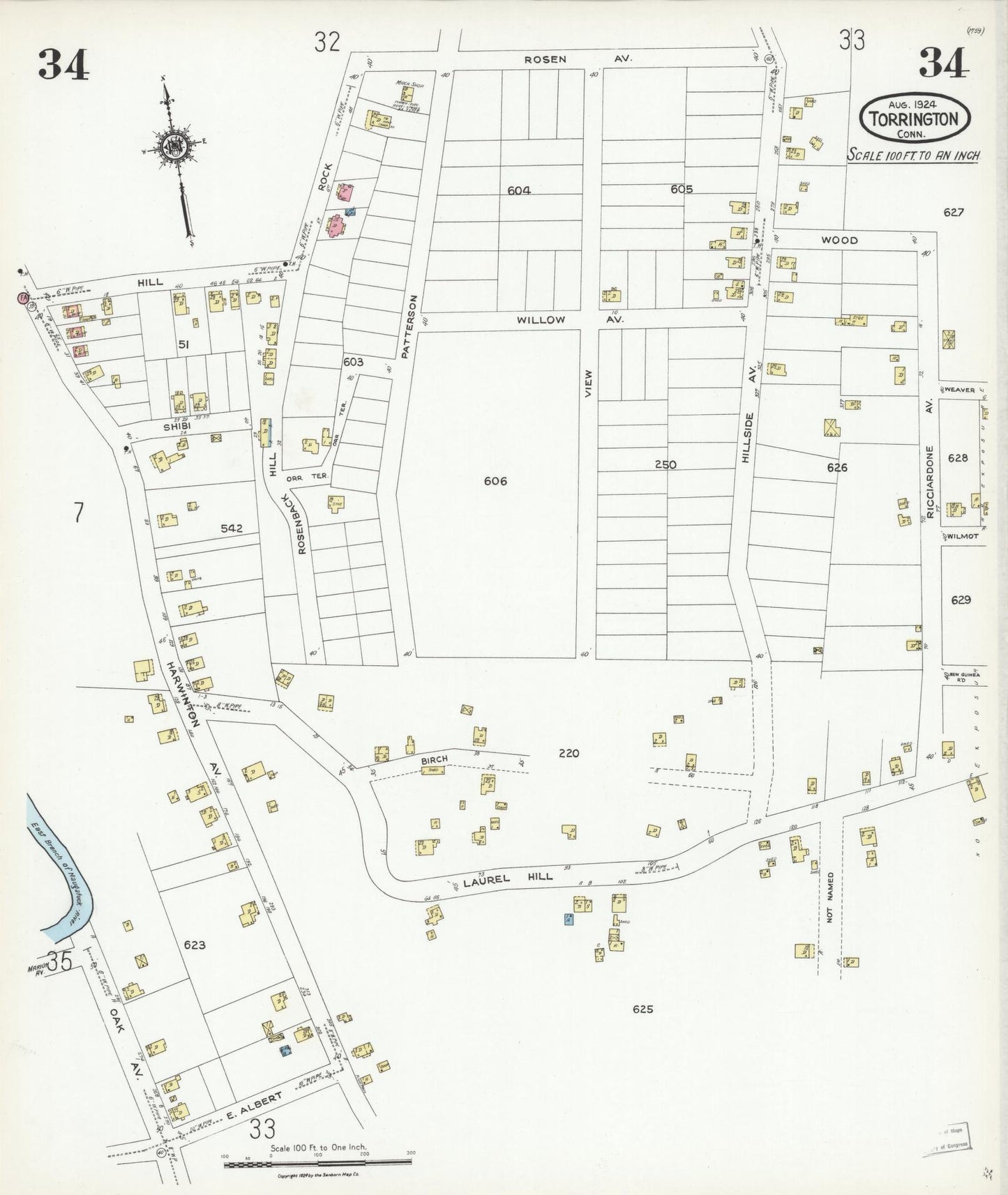 Sanborn Fire Insurance Map from Torrington, Litchfield County, Connecticut (1924), Sheet #0034 - Historic Sanborn Fire Insurance Map Print, vintage old map wall art, antique decor, genealogy gift, Connecticut Connecticut map