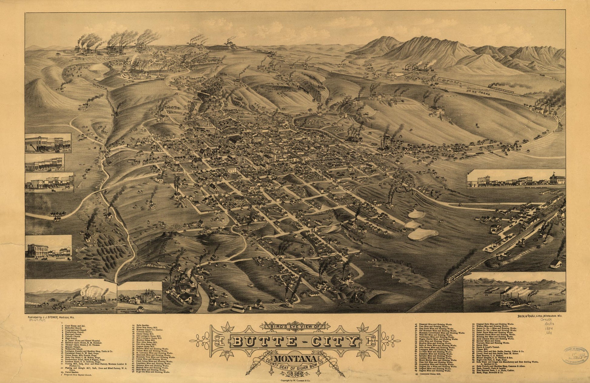 Bird's eye view of Butte-City, Montana, county seat of Silver Bow Co., 1884 (1884) – Historic Bird’s-Eye View Panorama Print