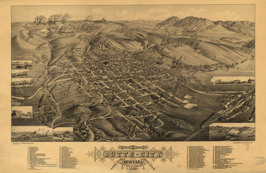 Bird's eye view of Butte-City, Montana, county seat of Silver Bow Co., 1884 (1884) – Historic Bird’s-Eye View Panorama Print