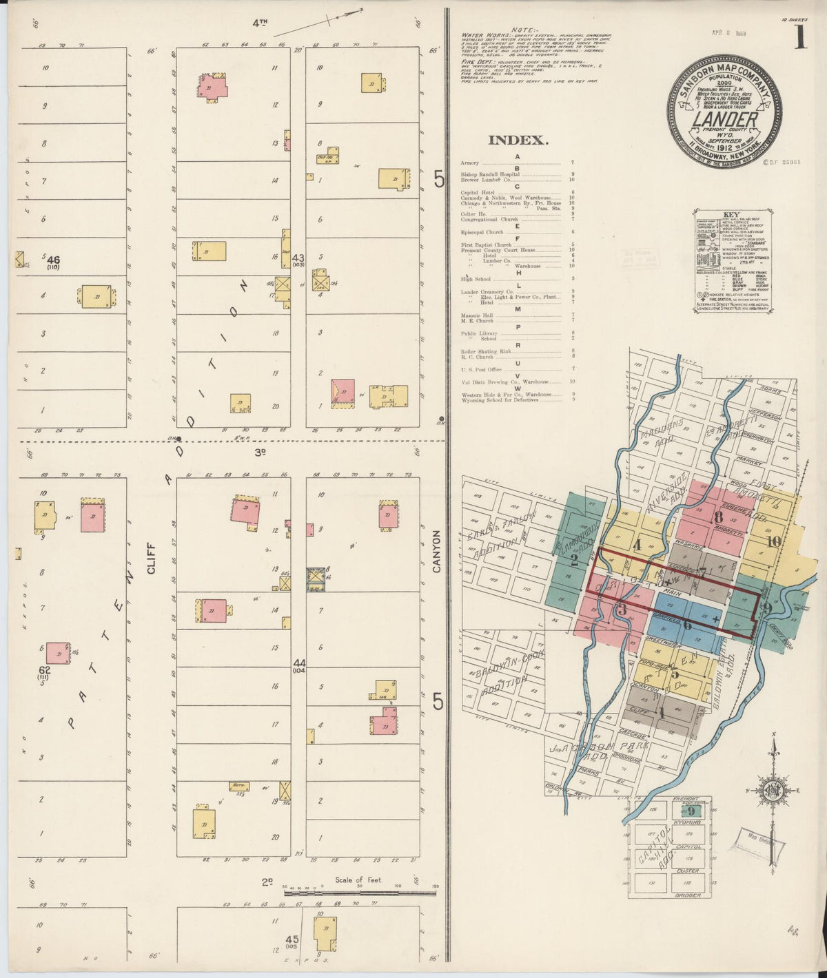 Sanborn Fire Insurance Map from Lander, Fremont County, Wyoming (1912), Sheet #0001 - Historic Sanborn Fire Insurance Map Print, vintage old map wall art, antique decor, genealogy gift, Wyoming Wyoming map