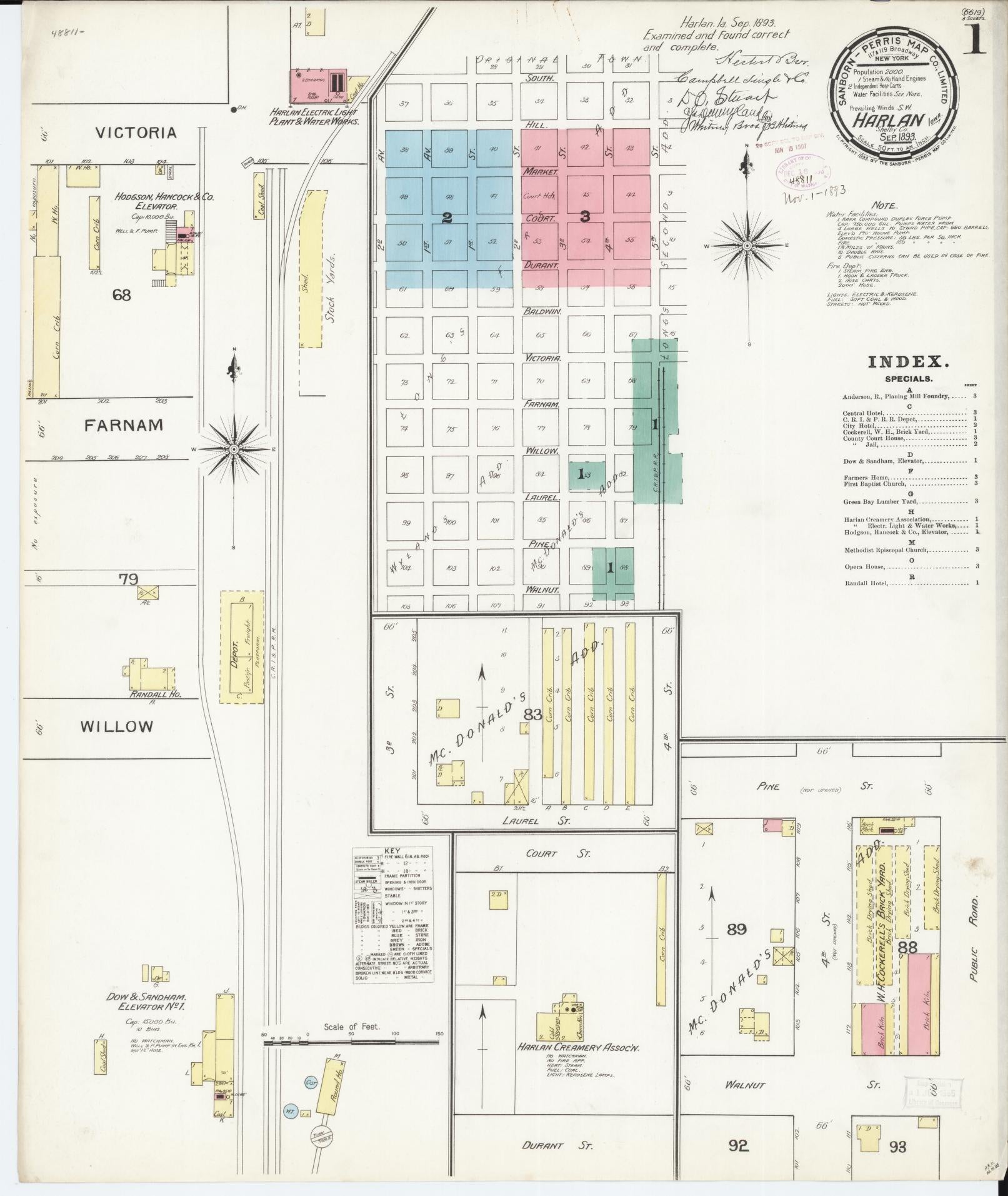 Sanborn Fire Insurance Map from Harlan, Shelby County, Iowa (1893), Sheet #0001 - Historic Sanborn Fire Insurance Map Print, vintage old map wall art