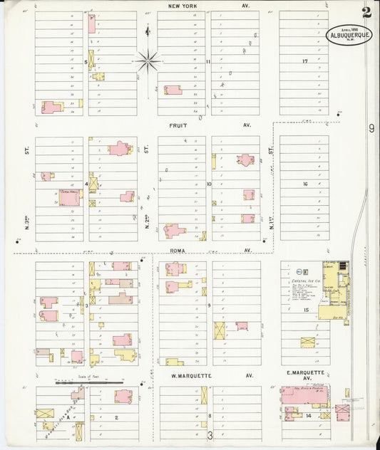 Sanborn Fire Insurance Map from Albuquerque, Bernalillo County, New Mexico (1898), Sheet #0002 - Historic Sanborn Fire Insurance Map Print, vintage old map wall art, antique decor, genealogy gift, New Mexico New Mexico map