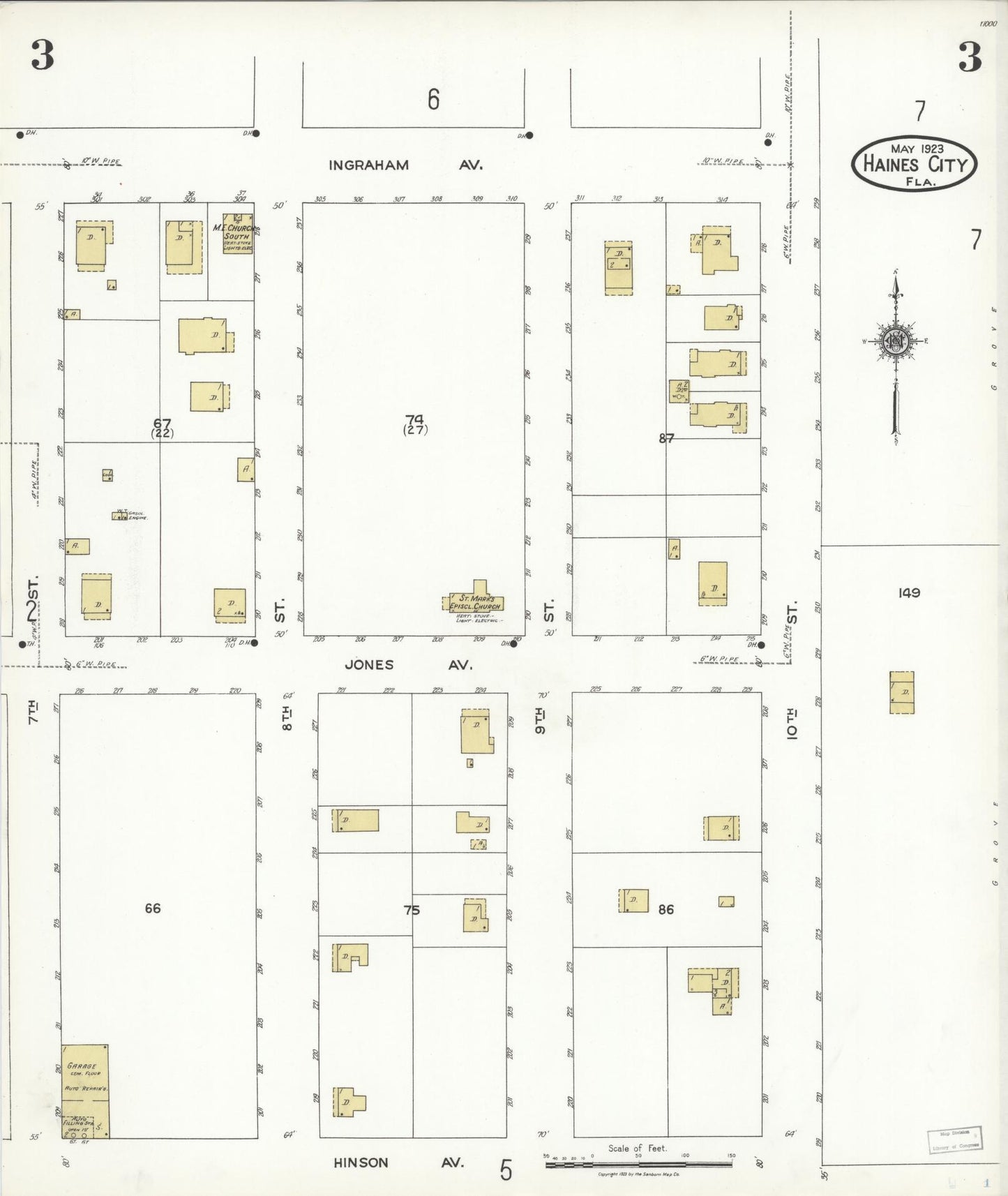 Sanborn Fire Insurance Map from Haines City, Polk County, Florida (1923), Sheet #0003 - Complete Map Set gallery image, historic Sanborn map, vintage wall art, Florida Florida