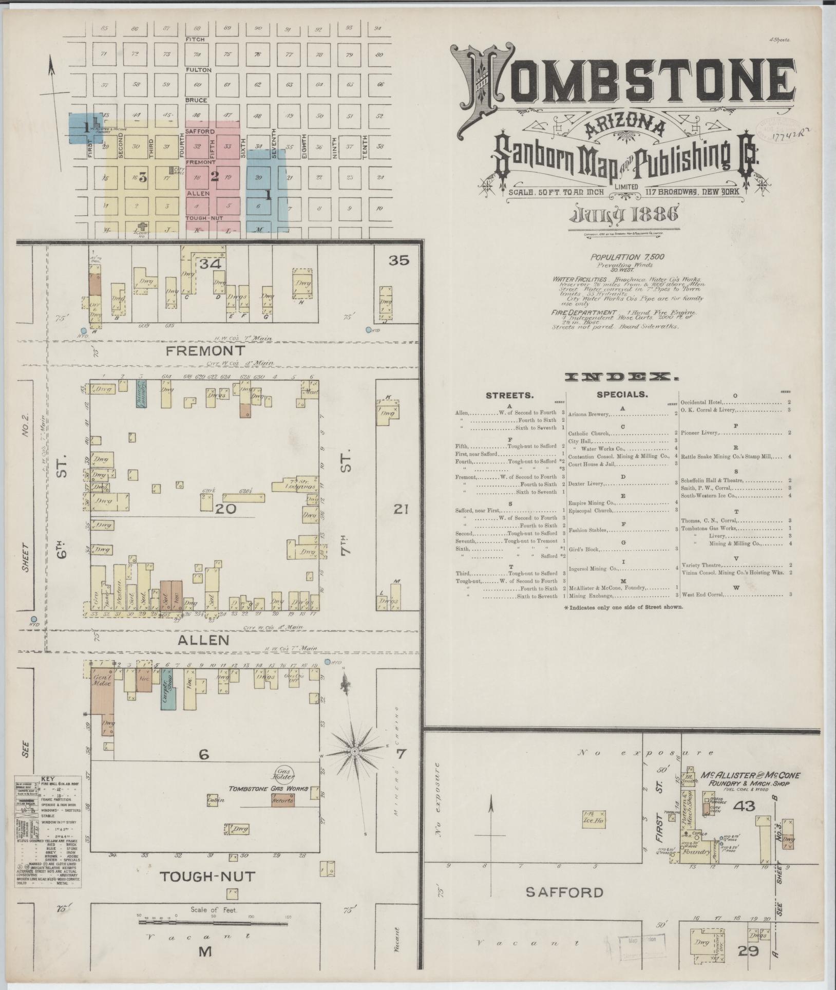 Sanborn Fire Insurance Map from Tombstone, Cochise County, Arizona (1886), Sheet #0001 - Historic Sanborn Fire Insurance Map Print, vintage old map wall art, antique decor, genealogy gift, Arizona Arizona map