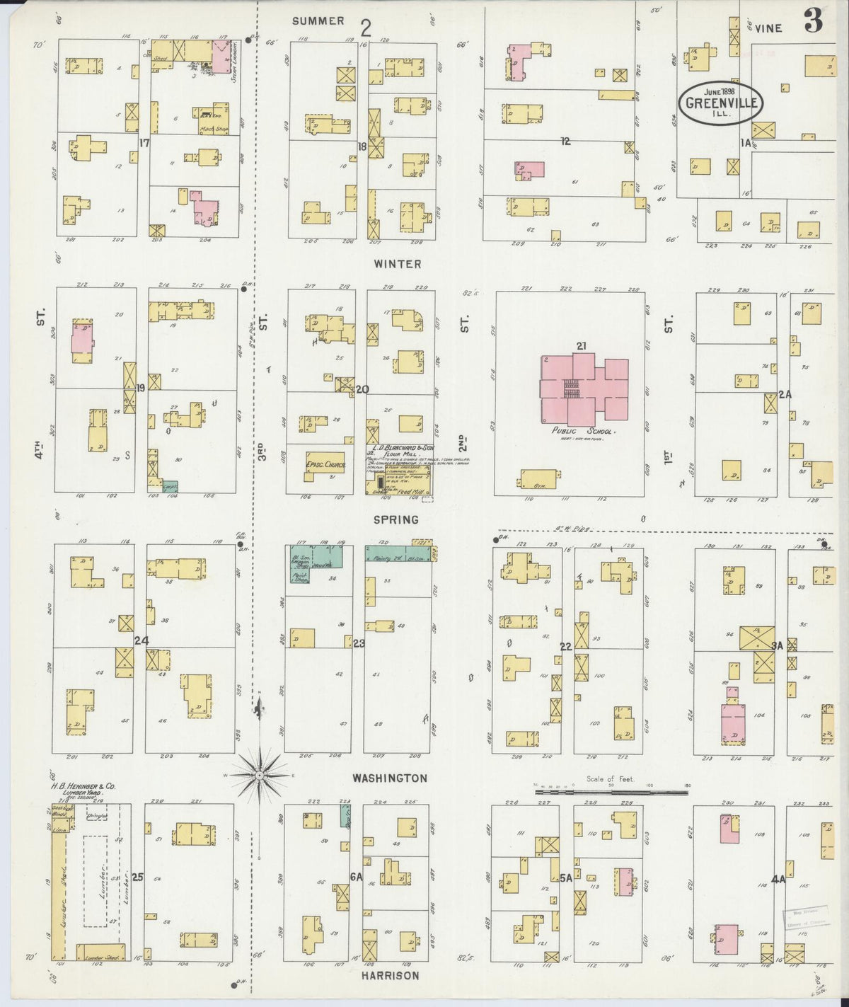 Sanborn Fire Insurance Map from Greenville, Bond County, Illinois (1898), Sheet #0003 - Complete Map Set gallery image, historic Sanborn map, vintage wall art, Illinois Illinois