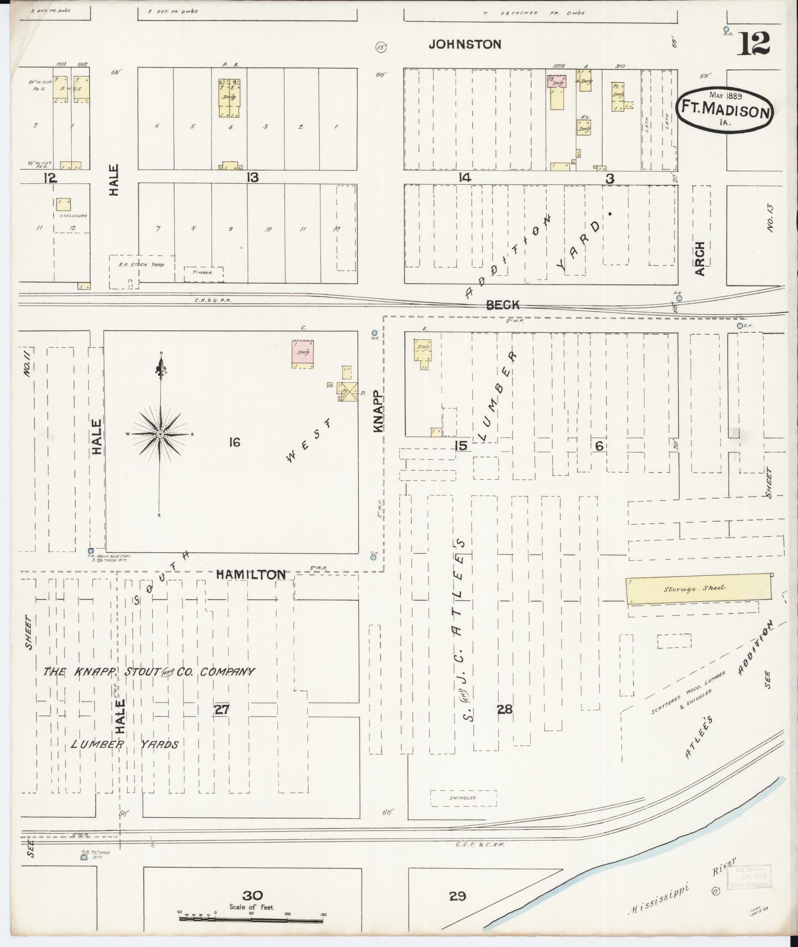 Sanborn Fire Insurance Map from Fort Madison, Lee County, Iowa (1889), Sheet #0012 - Historic Sanborn Fire Insurance Map Print, vintage old map wall art