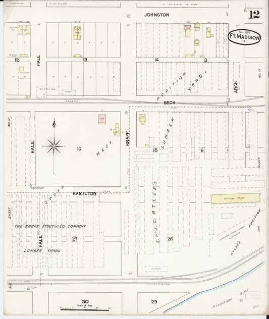Sanborn Fire Insurance Map from Fort Madison, Lee County, Iowa (1889), Sheet #0012 - Historic Sanborn Fire Insurance Map Print, vintage old map wall art