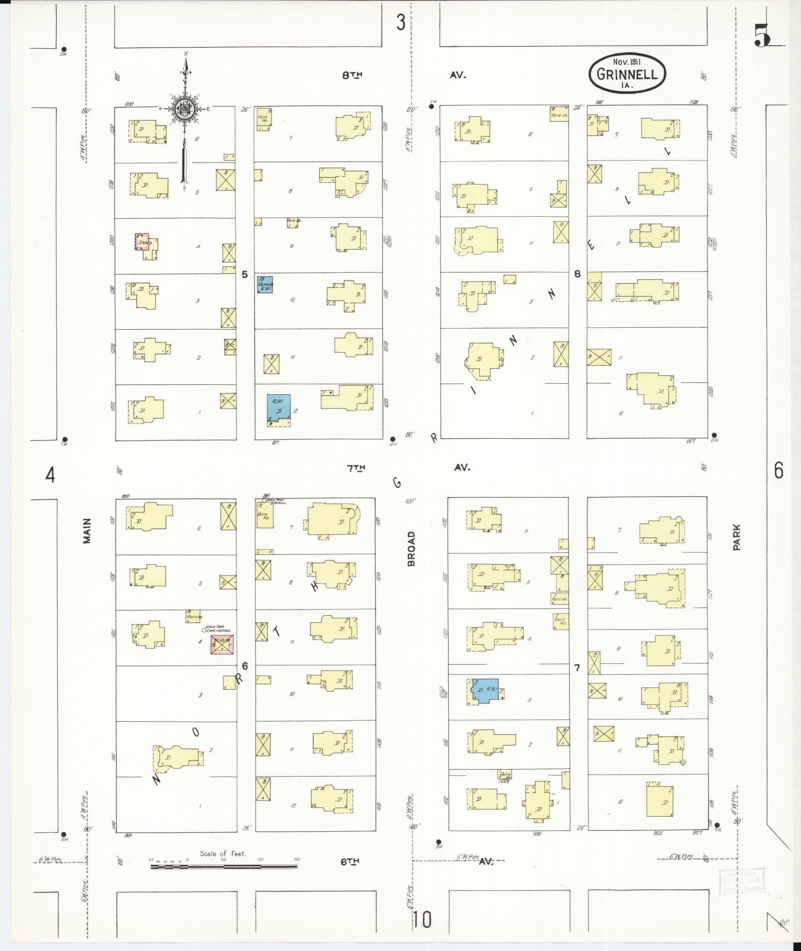Sanborn Fire Insurance Map from Grinnell, Poweshiek County, Iowa (1911), Sheet #0005 - Historic Sanborn Fire Insurance Map Print, vintage old map wall art