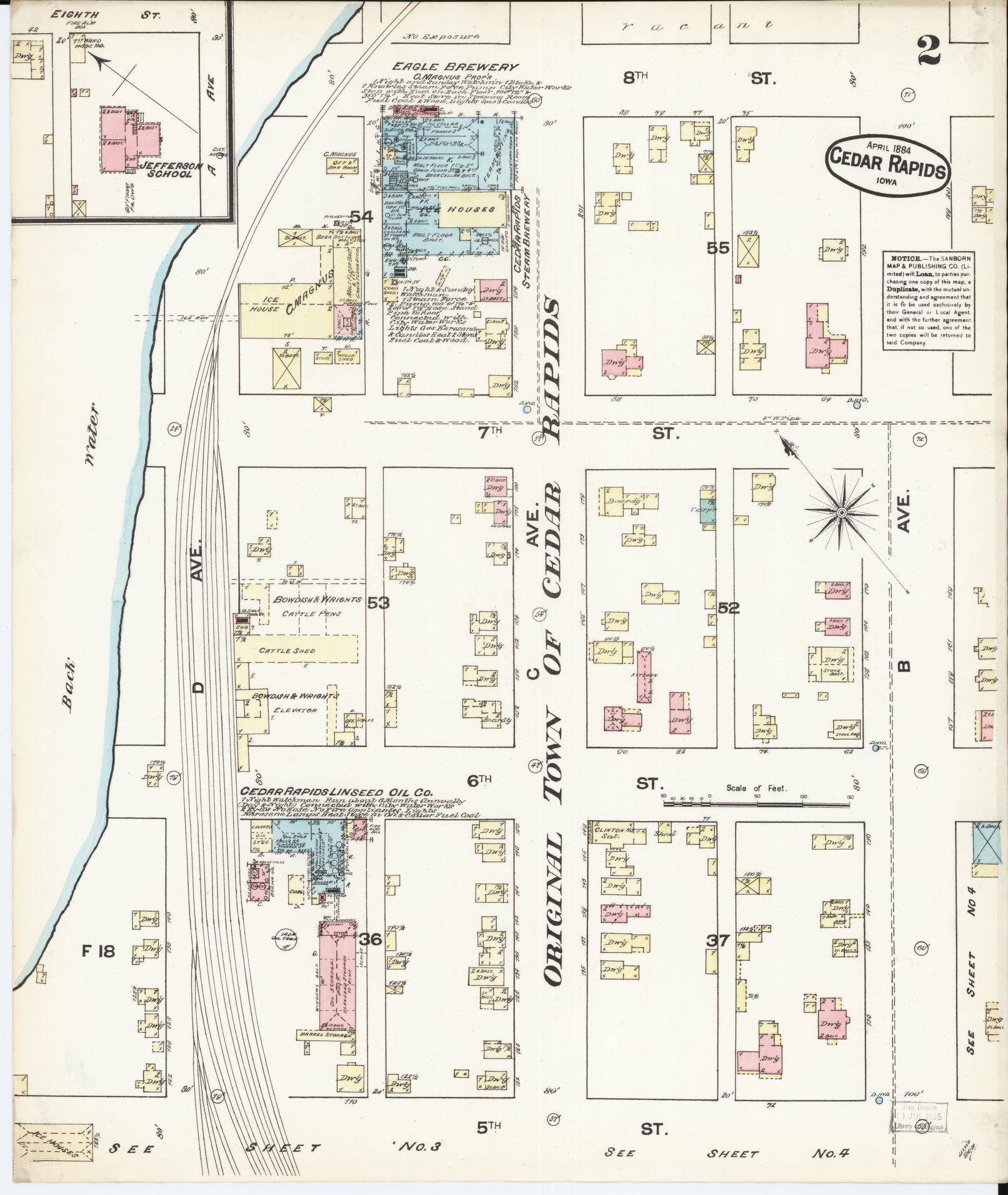Sanborn Fire Insurance Map from Cedar Rapids, Linn County, Iowa (1884), Sheet #0002 - Historic Sanborn Fire Insurance Map Print, vintage old map wall art