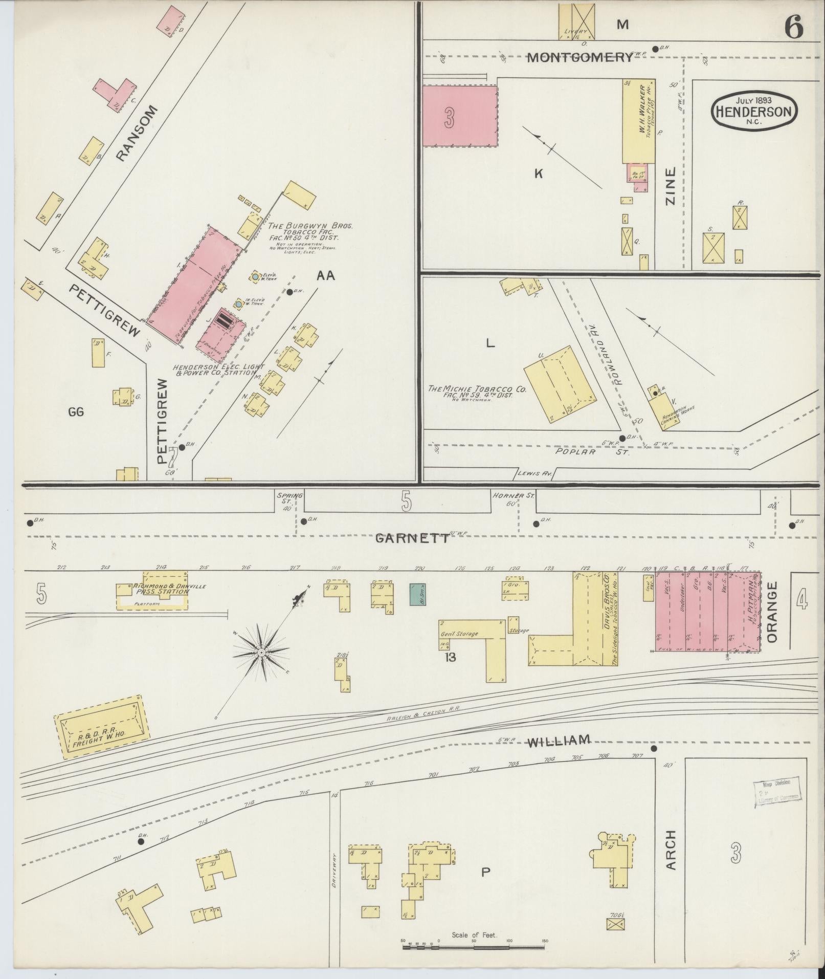 Sanborn Fire Insurance Map from Henderson, Vance County, North Carolina (1893), Sheet #0006 - Historic Sanborn Fire Insurance Map Print, vintage old map wall art, antique decor, genealogy gift, North Carolina North Carolina map