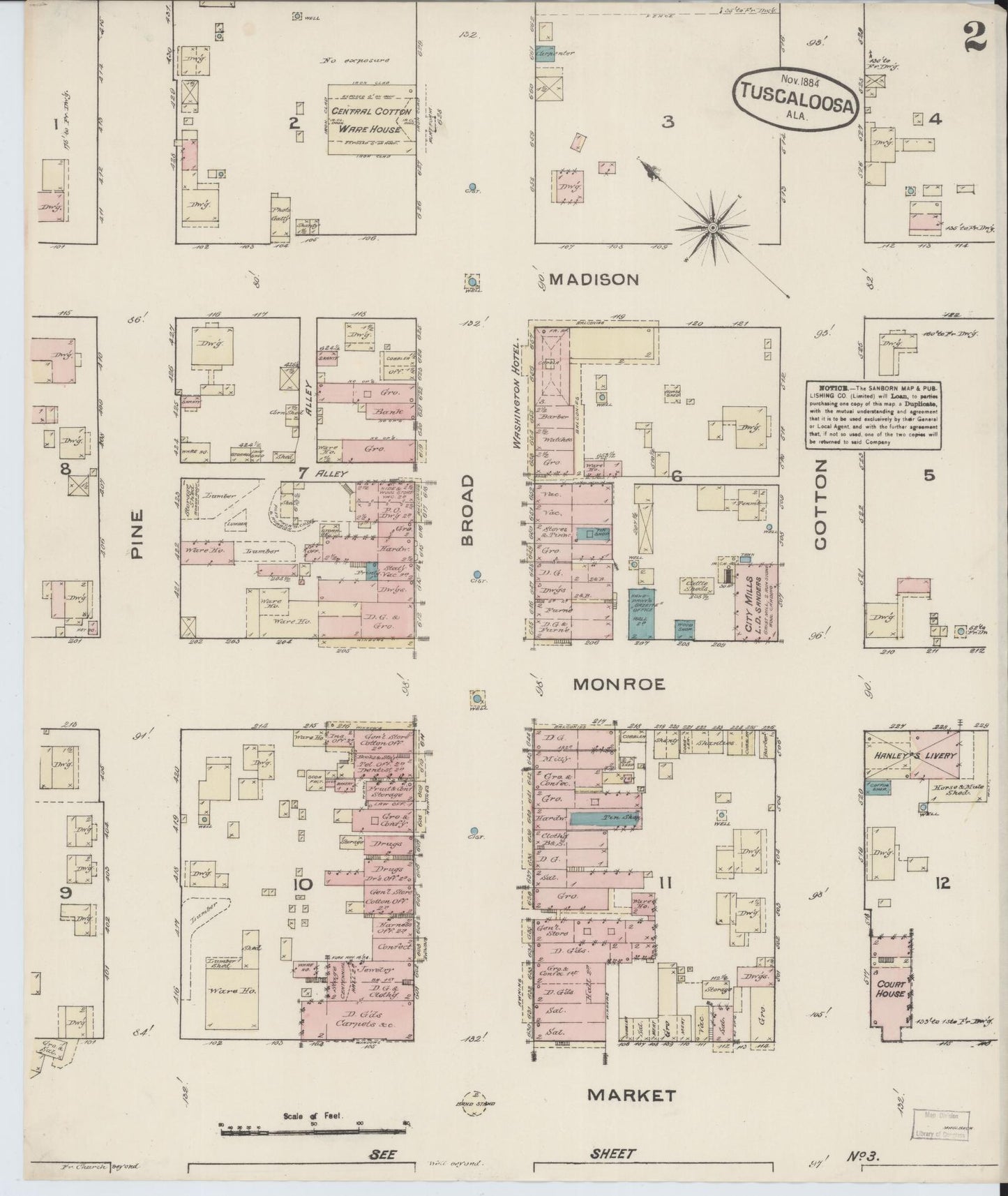 Sanborn Fire Insurance Map from Tuscaloosa, Tuscaloosa County, Alabama (1884), Sheet #0002 - Historic Sanborn Fire Insurance Map Print, vintage old map wall art, antique decor, genealogy gift, Alabama Alabama map