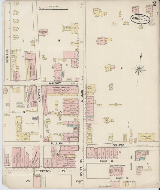 Sanborn Fire Insurance Map from Asheville, Buncombe County, North Carolina (1888), Sheet #0002 - Historic Sanborn Fire Insurance Map Print, vintage old map wall art, antique decor, genealogy gift, North Carolina North Carolina map