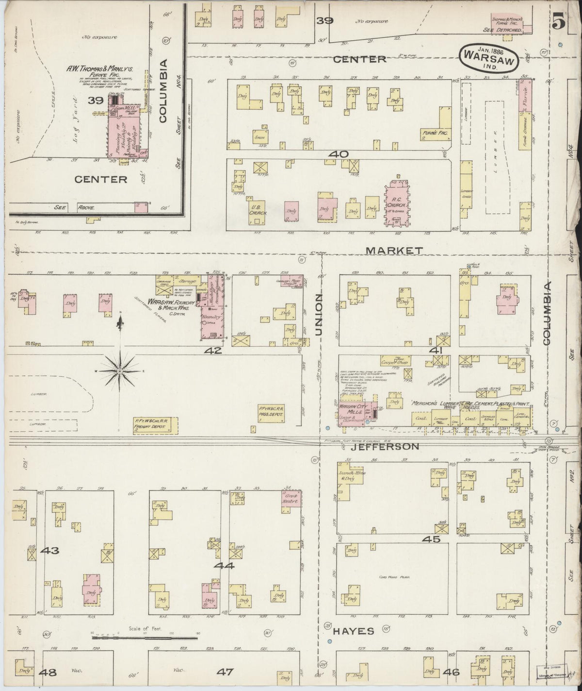 Sanborn Fire Insurance Map from Warsaw, Kosciusko County, Indiana (1886), Sheet #0005 - Historic Sanborn Fire Insurance Map Print, vintage old map wall art, antique decor, genealogy gift, Indiana Indiana map