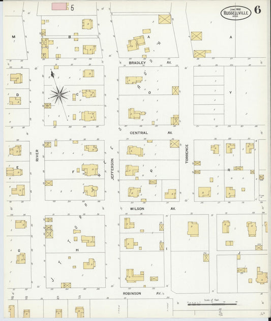 Sanborn Fire Insurance Map from Russellville, Pope County, Arkansas (1908), Sheet #0006 - Historic Sanborn Fire Insurance Map Print, vintage old map wall art, antique decor, genealogy gift, Arkansas Arkansas map