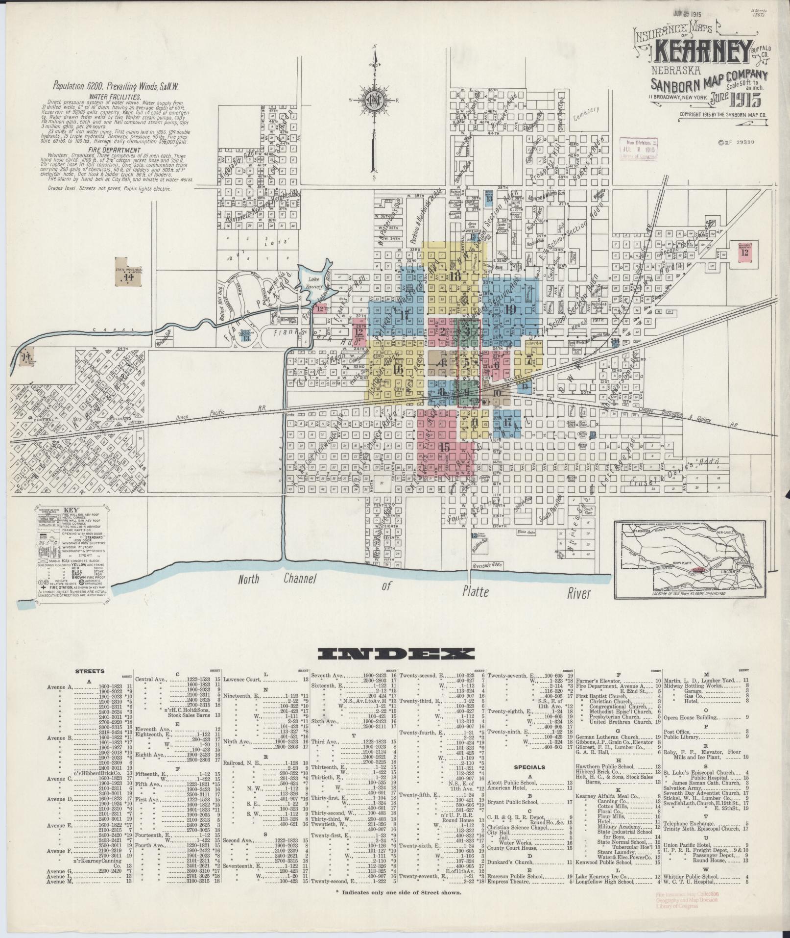 Sanborn Fire Insurance Map from Kearney, Buffalo County, Nebraska (1915), Sheet #0001 - Historic Sanborn Fire Insurance Map Print, vintage old map wall art, antique decor, genealogy gift, Nebraska Nebraska map
