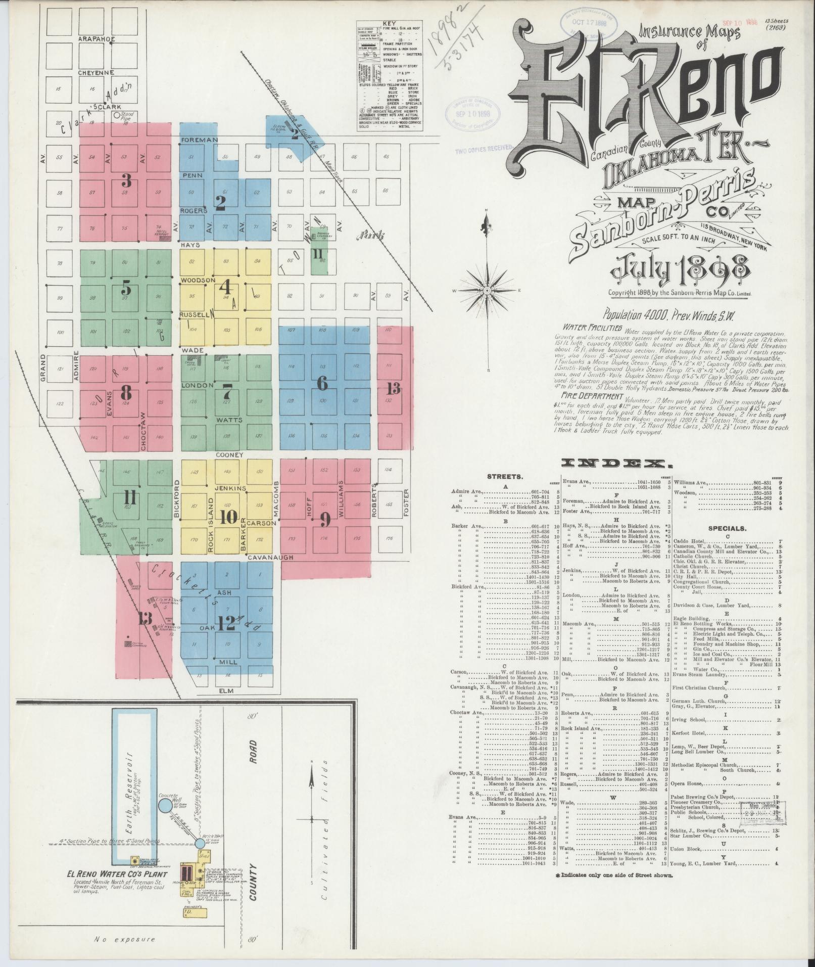 Sanborn Fire Insurance Map from El Reno, Canadian County, Oklahoma (1898), Sheet #0001 - Complete Map Set gallery image, historic Sanborn map, vintage wall art, Oklahoma Oklahoma