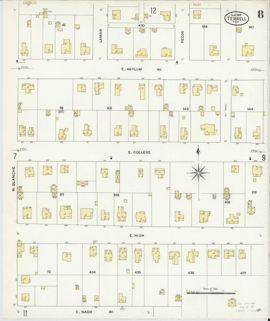 Sanborn Fire Insurance Map from Terrell, Kaufman County, Texas (1909), Sheet #0008 - Historic Sanborn Fire Insurance Map Print, vintage old map wall art, antique decor, genealogy gift, Texas Texas map