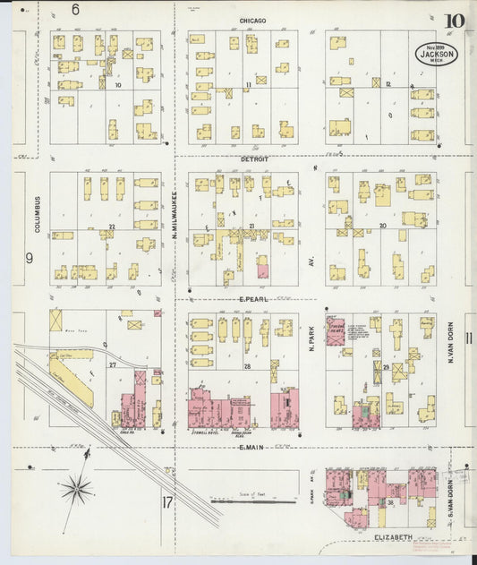 Sanborn Fire Insurance Map from Jackson, Jackson County, Michigan (1899), Sheet #0010 - Historic Sanborn Fire Insurance Map Print, vintage old map wall art, antique decor, genealogy gift, Michigan Michigan map
