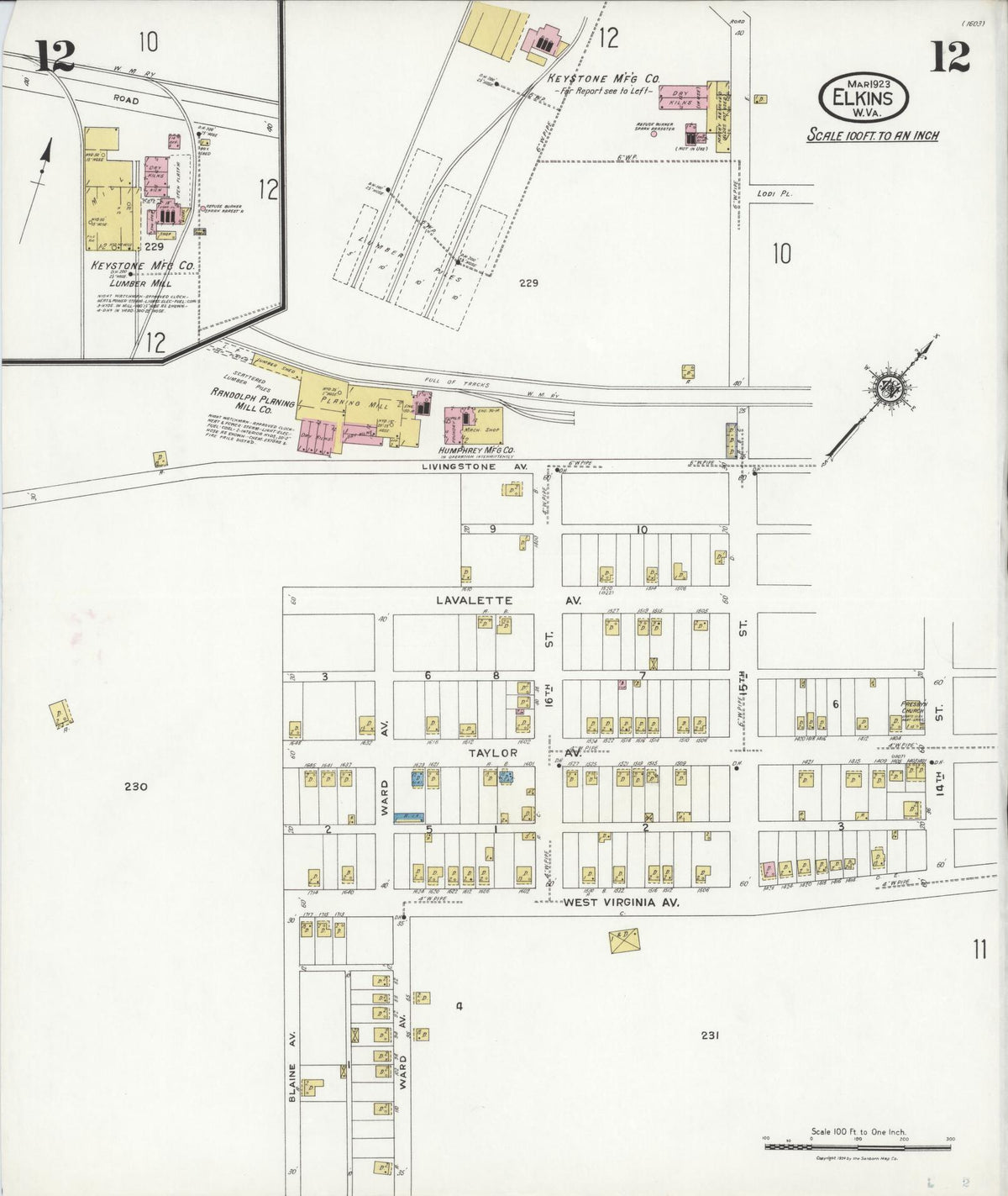 Sanborn Fire Insurance Map from Elkins, Randolph County, West Virginia (1923), Sheet #0012 - Historic Sanborn Fire Insurance Map Print, vintage old map wall art, antique decor, genealogy gift, West Virginia West Virginia map