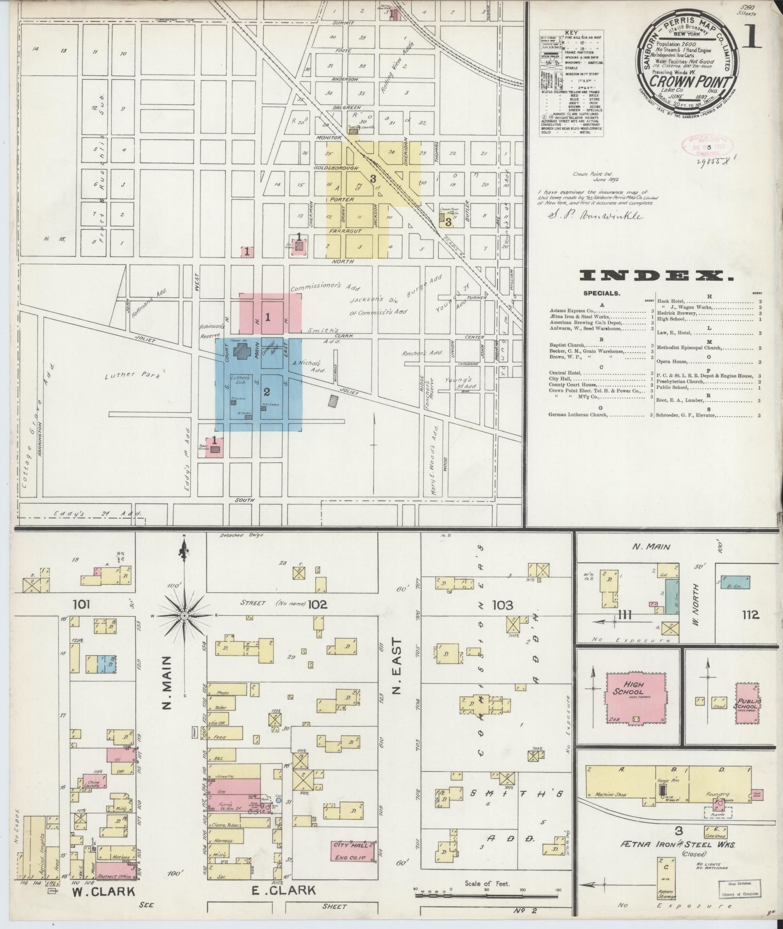 Sanborn Fire Insurance Map from Crown Point, Lake County, Indiana. (1892) – Historic Sanborn Fire Insurance Map Print