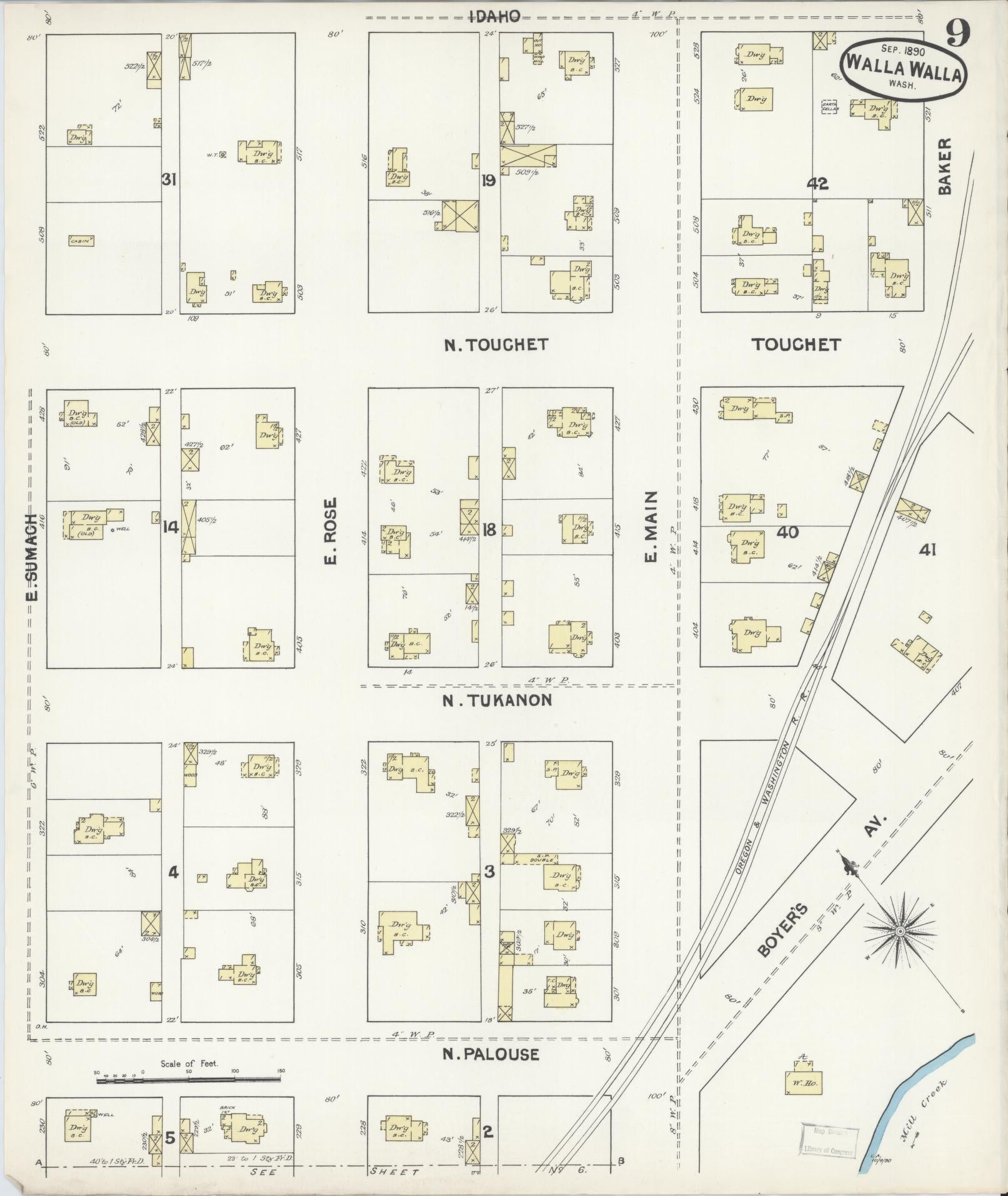 Sanborn Fire Insurance Map from Walla Walla, Walla Walla County, Washington (1890), Sheet #0009 - Complete Map Set gallery image, historic Sanborn map, vintage wall art, Washington Washington