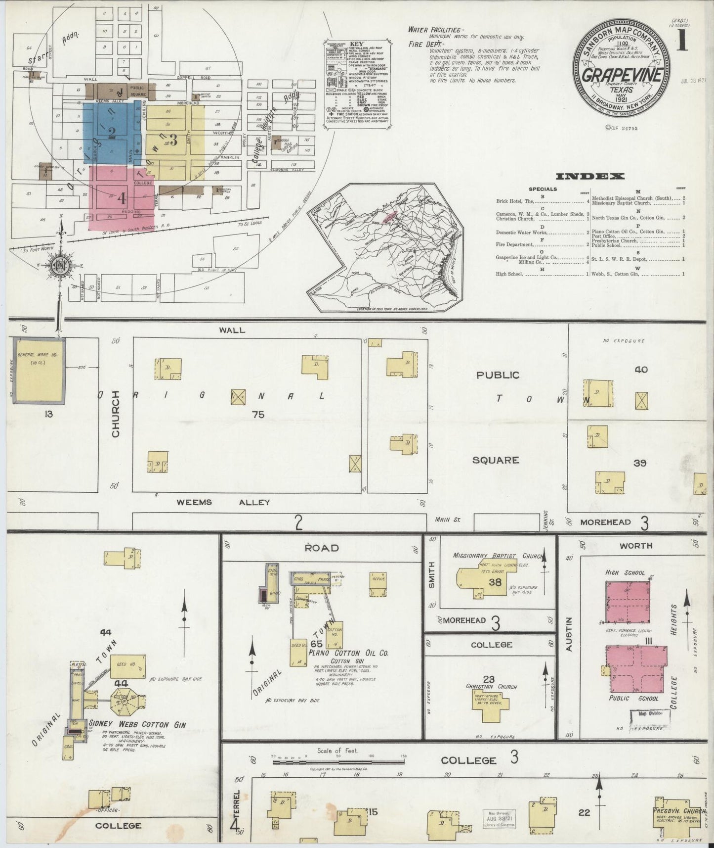 Sanborn Fire Insurance Map from Grapevine, Tarrant County, Texas (1921), Sheet #0001 - Complete Map Set gallery image, historic Sanborn map, vintage wall art, Texas Texas