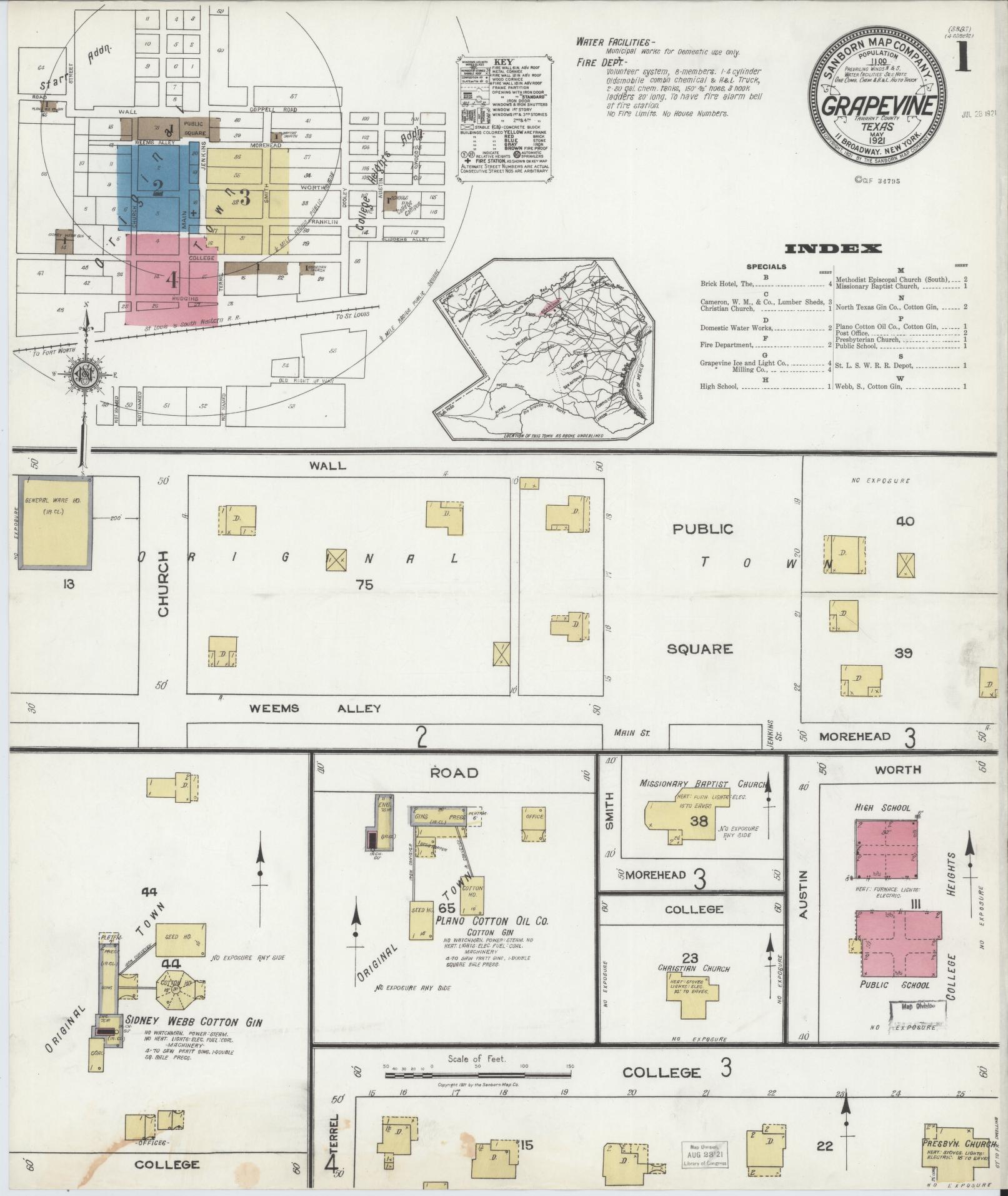Sanborn Fire Insurance Map from Grapevine, Tarrant County, Texas (1921), Sheet #0001 - Complete Map Set gallery image, historic Sanborn map, vintage wall art, Texas Texas
