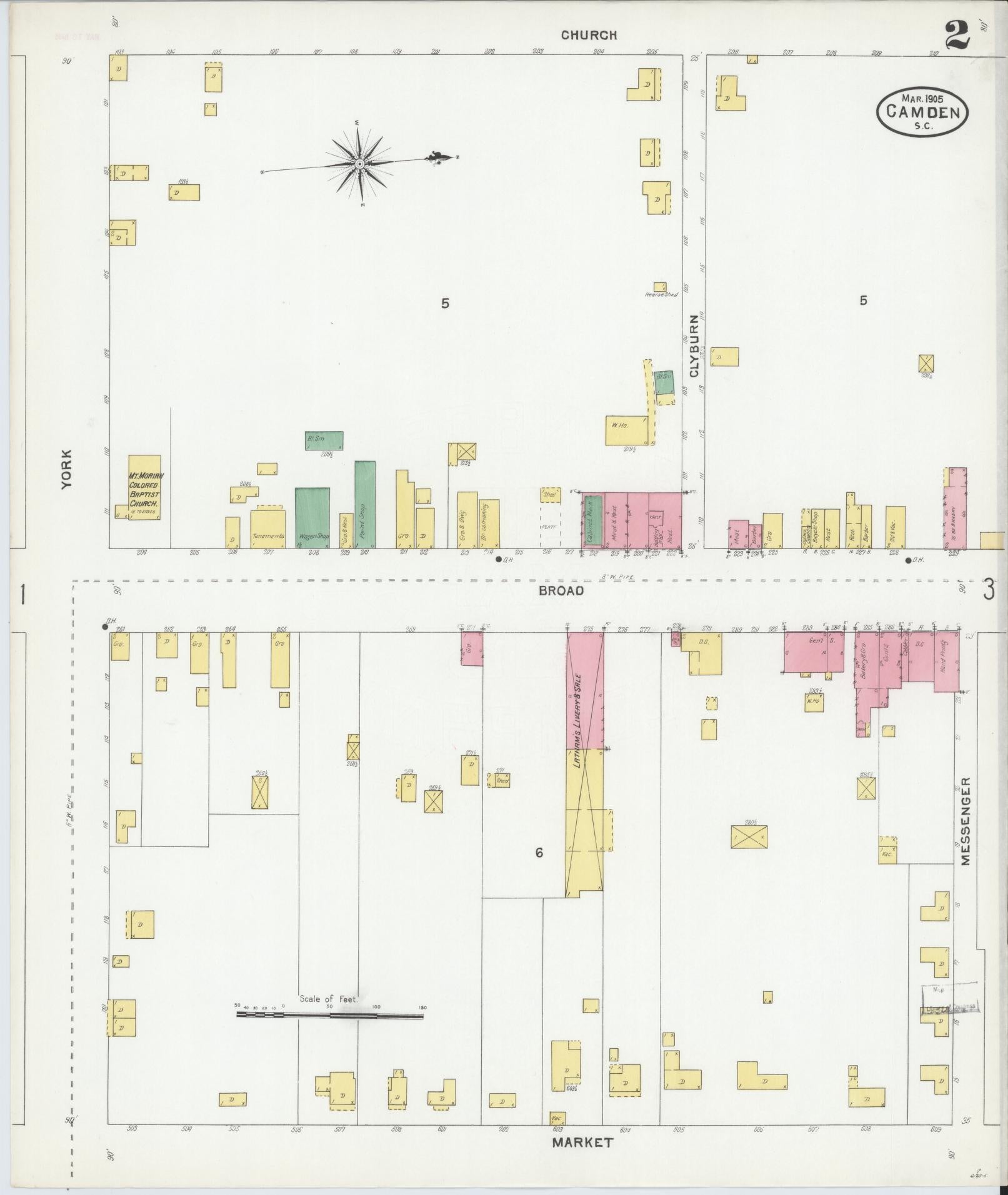 Sanborn Fire Insurance Map from Camden, Kershaw County, South Carolina (1905), Sheet #0002 - Historic Sanborn Fire Insurance Map Print, vintage old map wall art, antique decor, genealogy gift, South Carolina South Carolina map