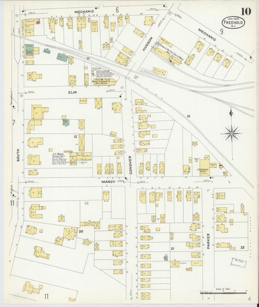 Sanborn Fire Insurance Map from Freehold, Monmouth County, New Jersey (1909), Sheet #0010 - Historic Sanborn Fire Insurance Map Print, vintage old map wall art, antique decor, genealogy gift, New Jersey New Jersey map