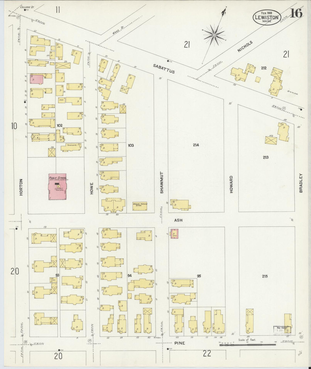 Sanborn Fire Insurance Map from Lewiston, Androscoggin County, Maine (1908), Sheet #0016 - Complete Map Set gallery image, historic Sanborn map, vintage wall art, Maine Maine
