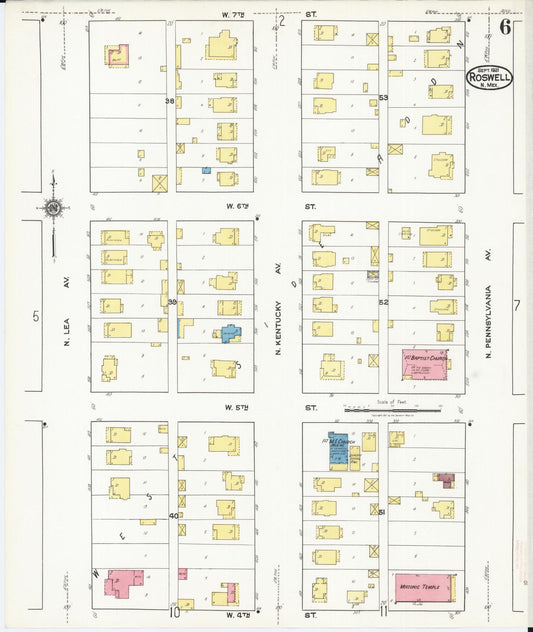 Sanborn Fire Insurance Map from Roswell, Chaves County, New Mexico (1921), Sheet #0006 - Historic Sanborn Fire Insurance Map Print, vintage old map wall art, antique decor, genealogy gift, New Mexico New Mexico map